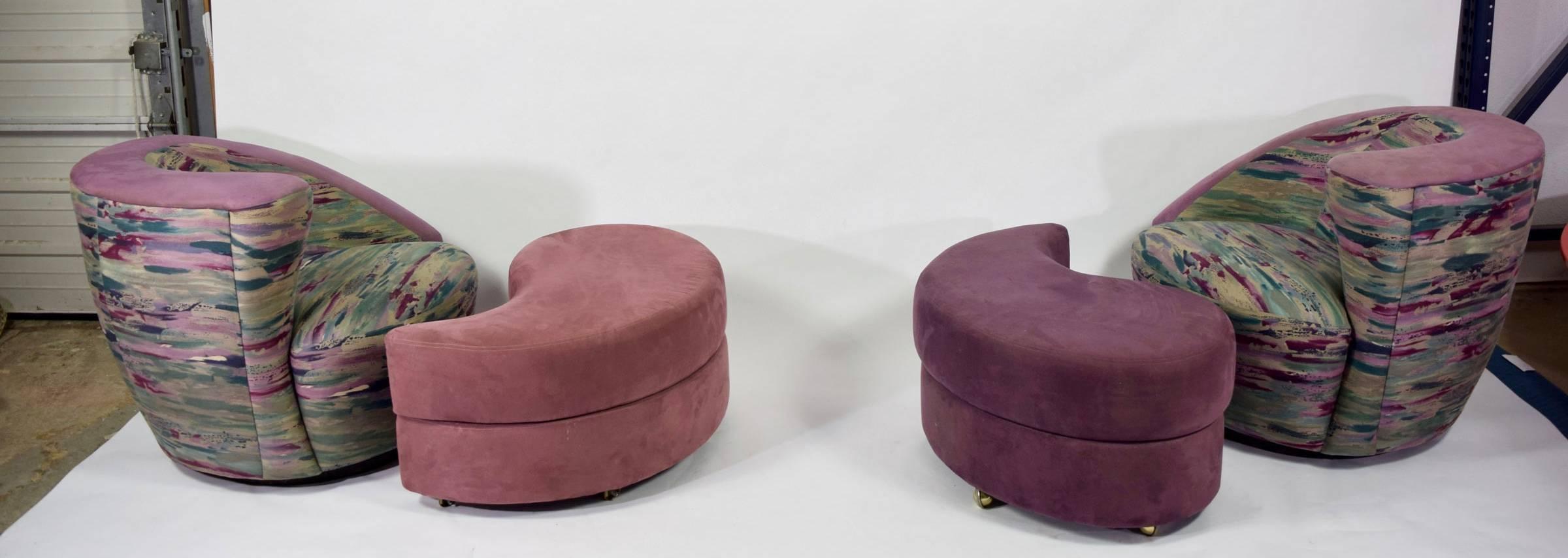 Pair of Vladimir Kagan Corkscrew/Nautilus chairs with ottomans. Chairs have swivel base, ottomans are on casters but they can be removed if desired.
