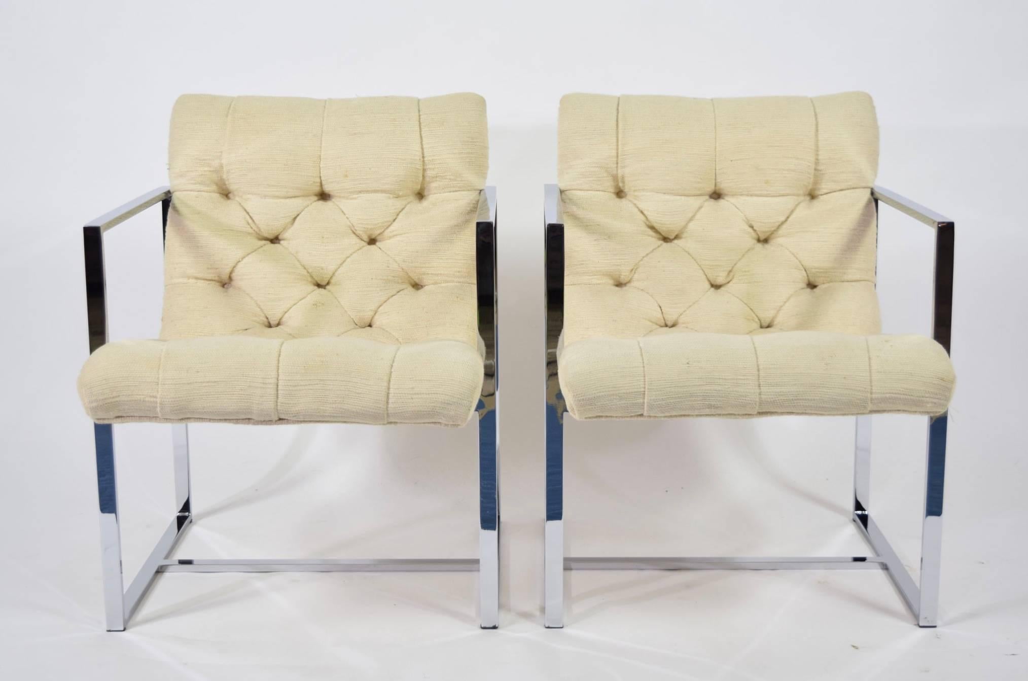 Pair of Milo Baughman Scoop lounge chairs. Chrome frame and tufted upholstery. Would benefit from cleaning or gorgeous new upholstery.