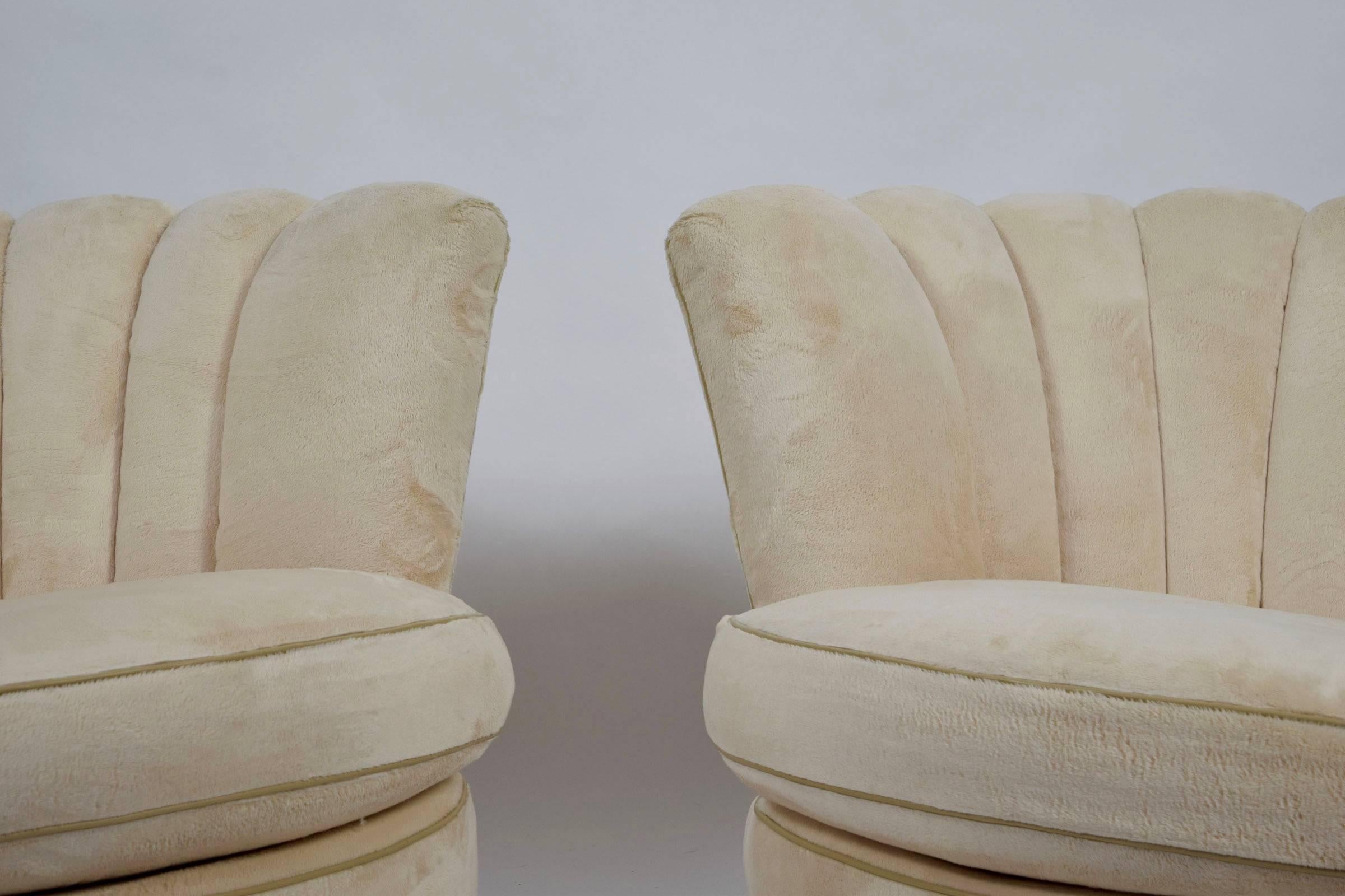 Upholstery Pair of Deco Style Lounge Chairs with Fan Backs in Plush Velvety Fabric