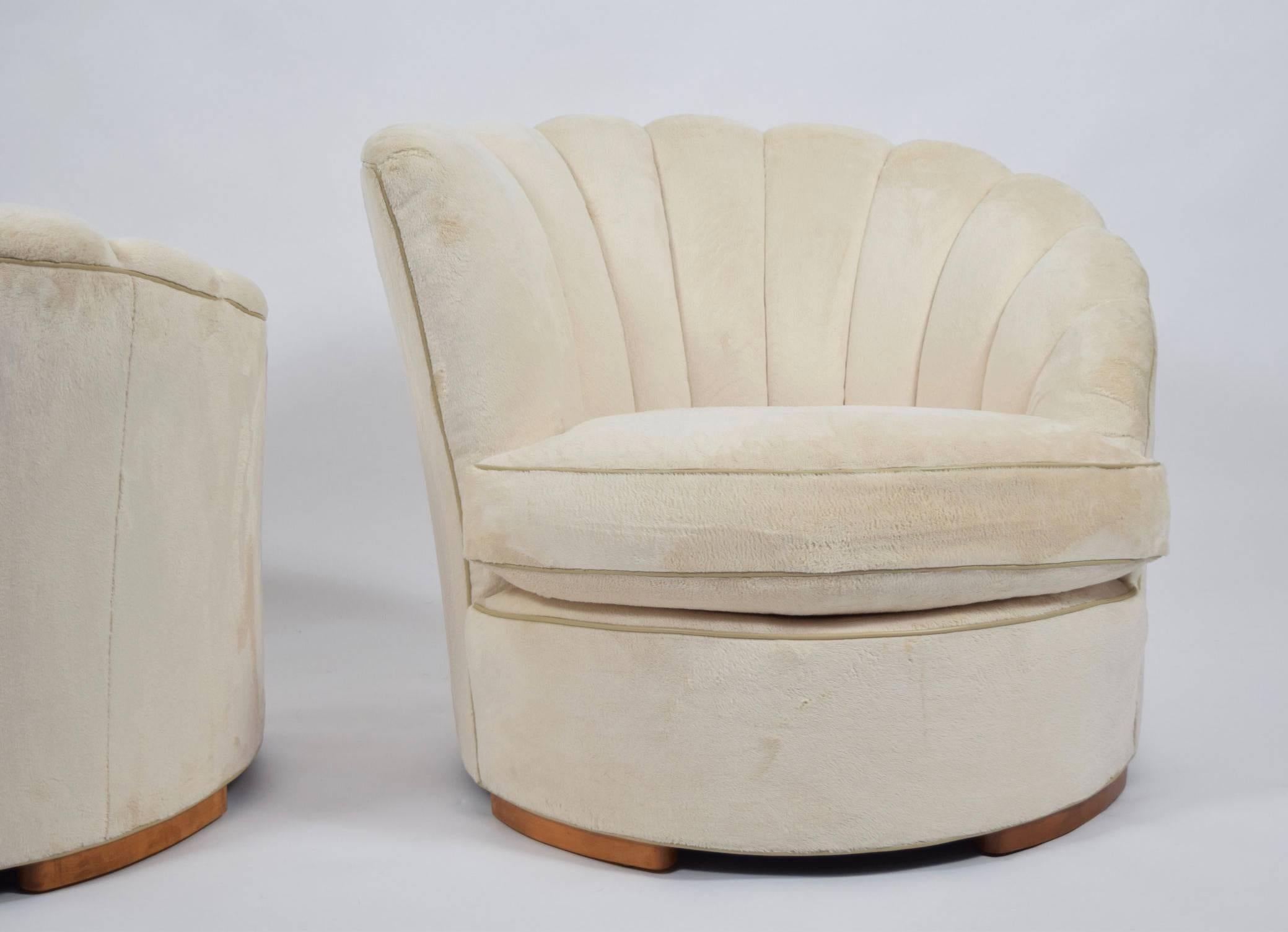Pair of Deco Style Lounge Chairs with Fan Backs in Plush Velvety Fabric In Excellent Condition In Dallas, TX