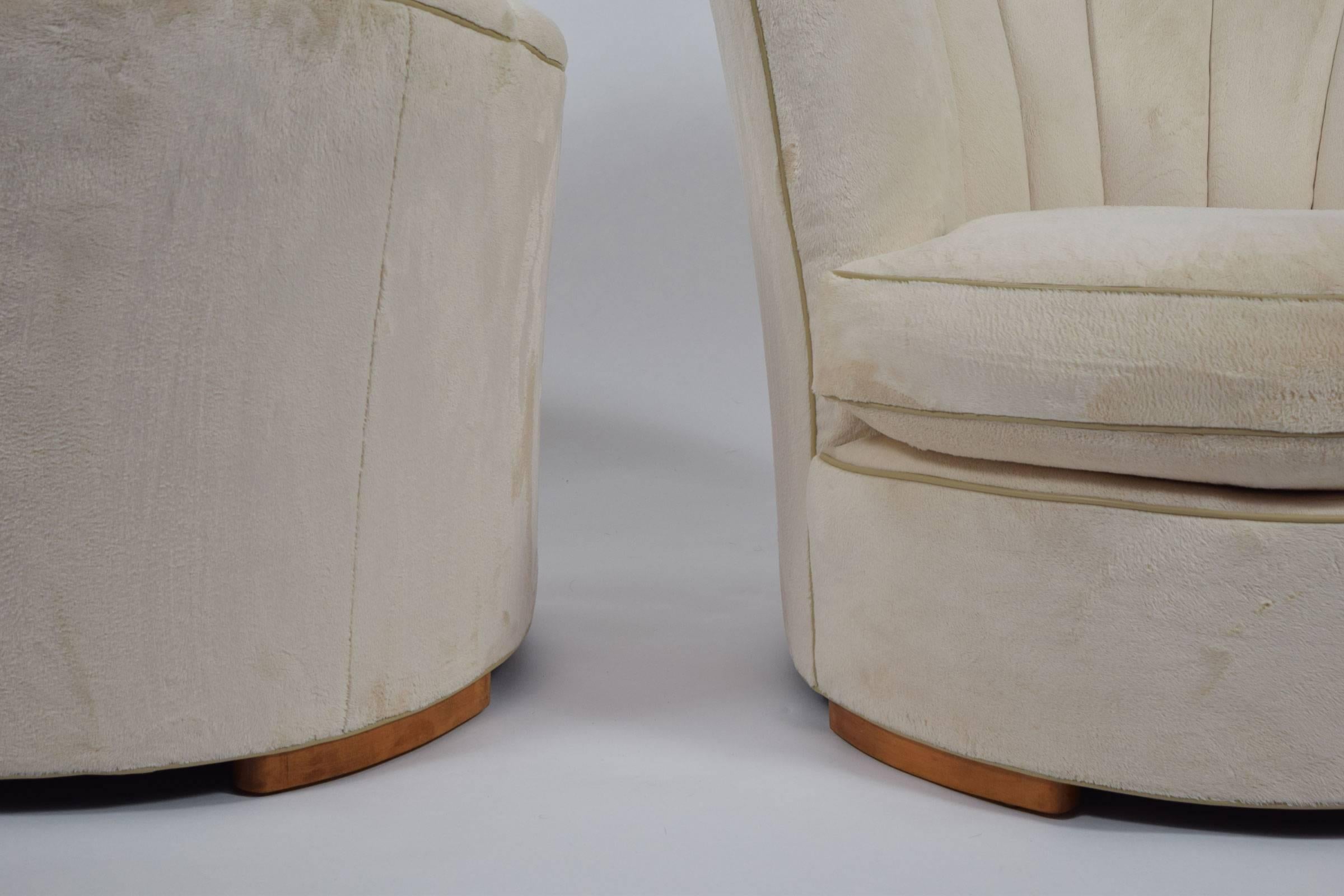 Pair of Deco Style Lounge Chairs with Fan Backs in Plush Velvety Fabric 2
