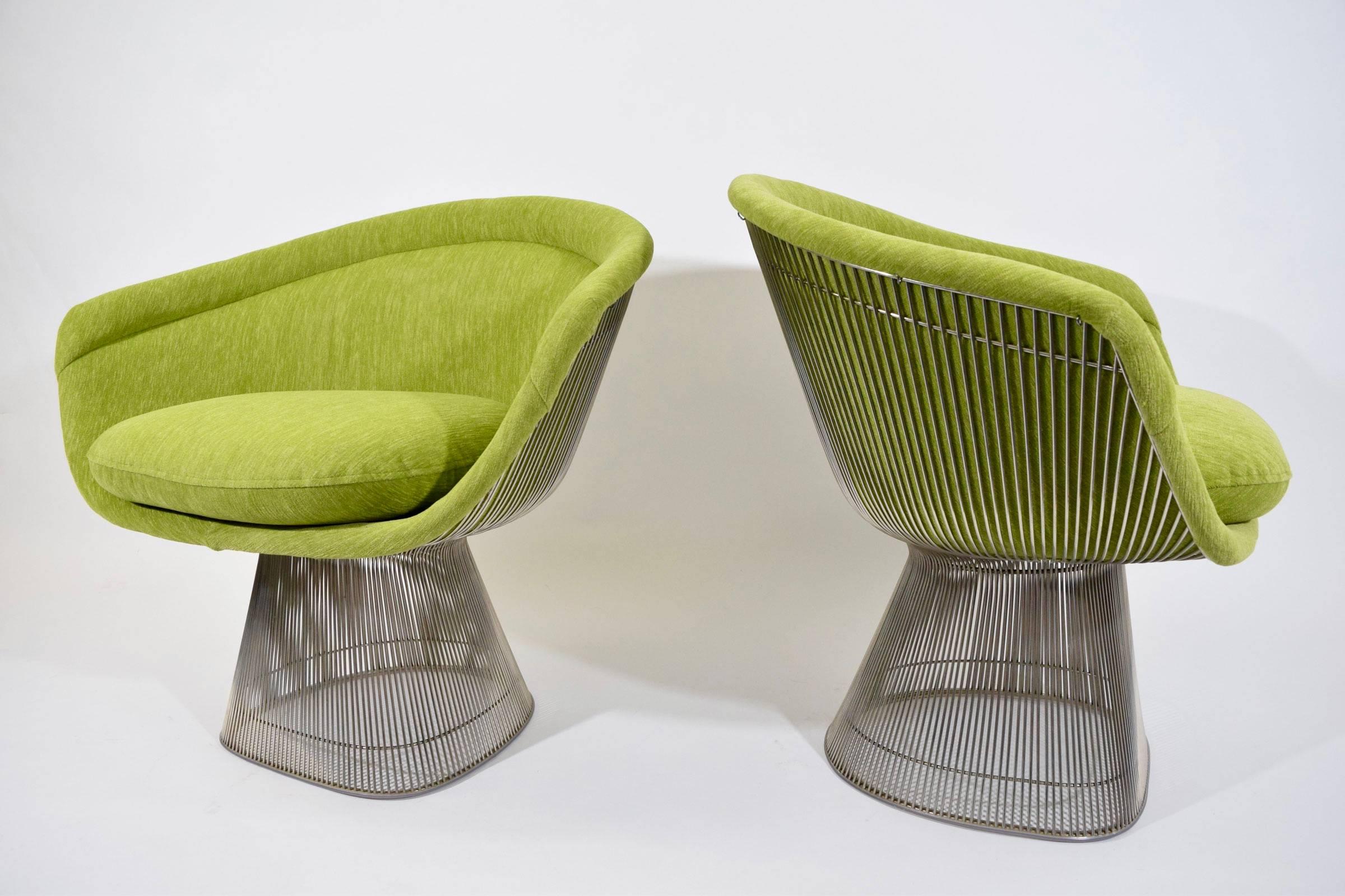 A beautiful pair of nickel-plated lounge chairs by Warren Platner for Knoll. The chairs have been newly upholstered in a bright green fabric by Holly Hunt Great Outdoors so they are easily cleanable.