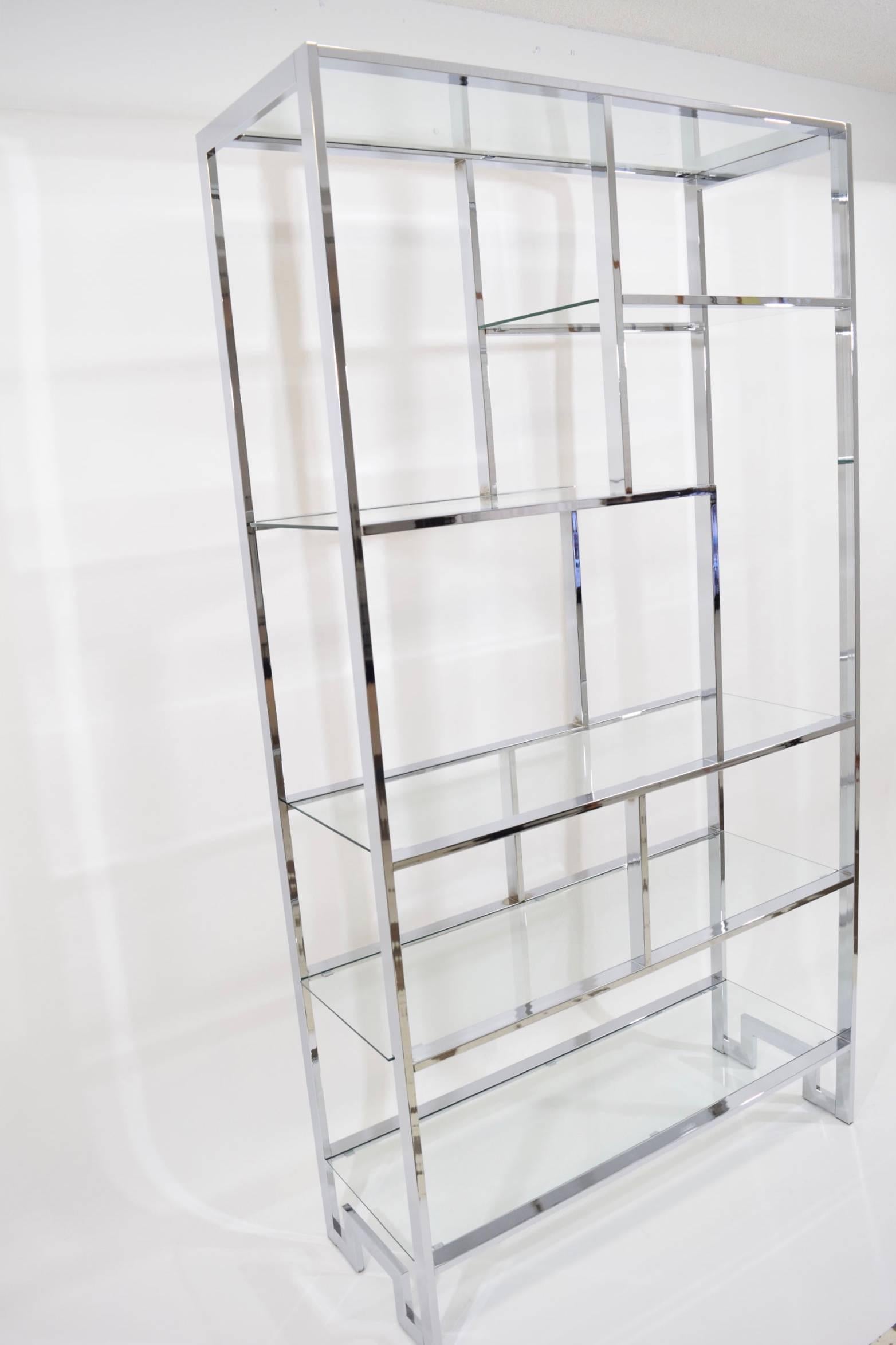 Beautiful Milo Baughman chrome and glass etagere. Chrome is bright and shiny.