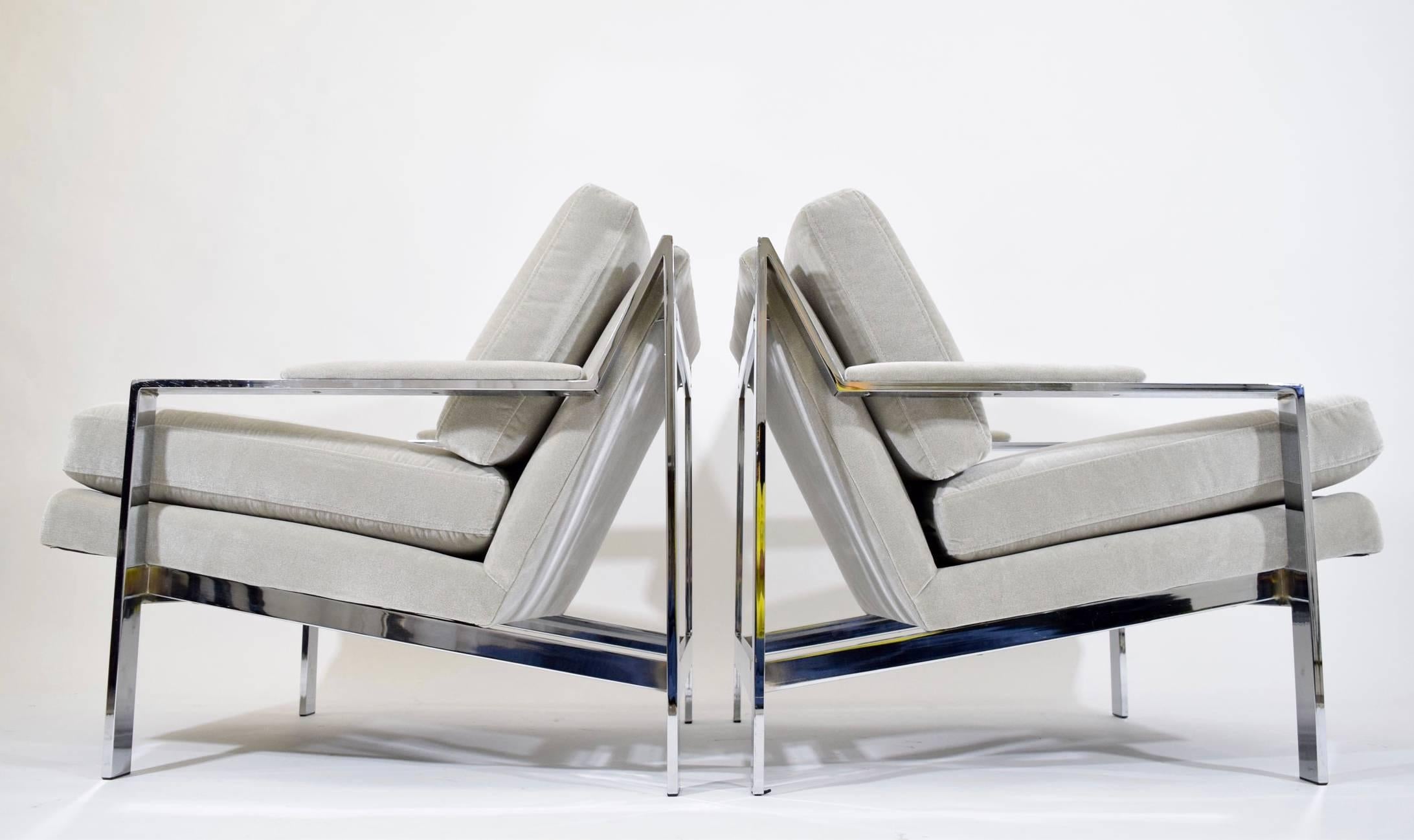 These chairs are ready to go! Newly reupholstered in Great Plains cloud nine/grey mist. The chrome is bright and shiny. They sit very comfortably.