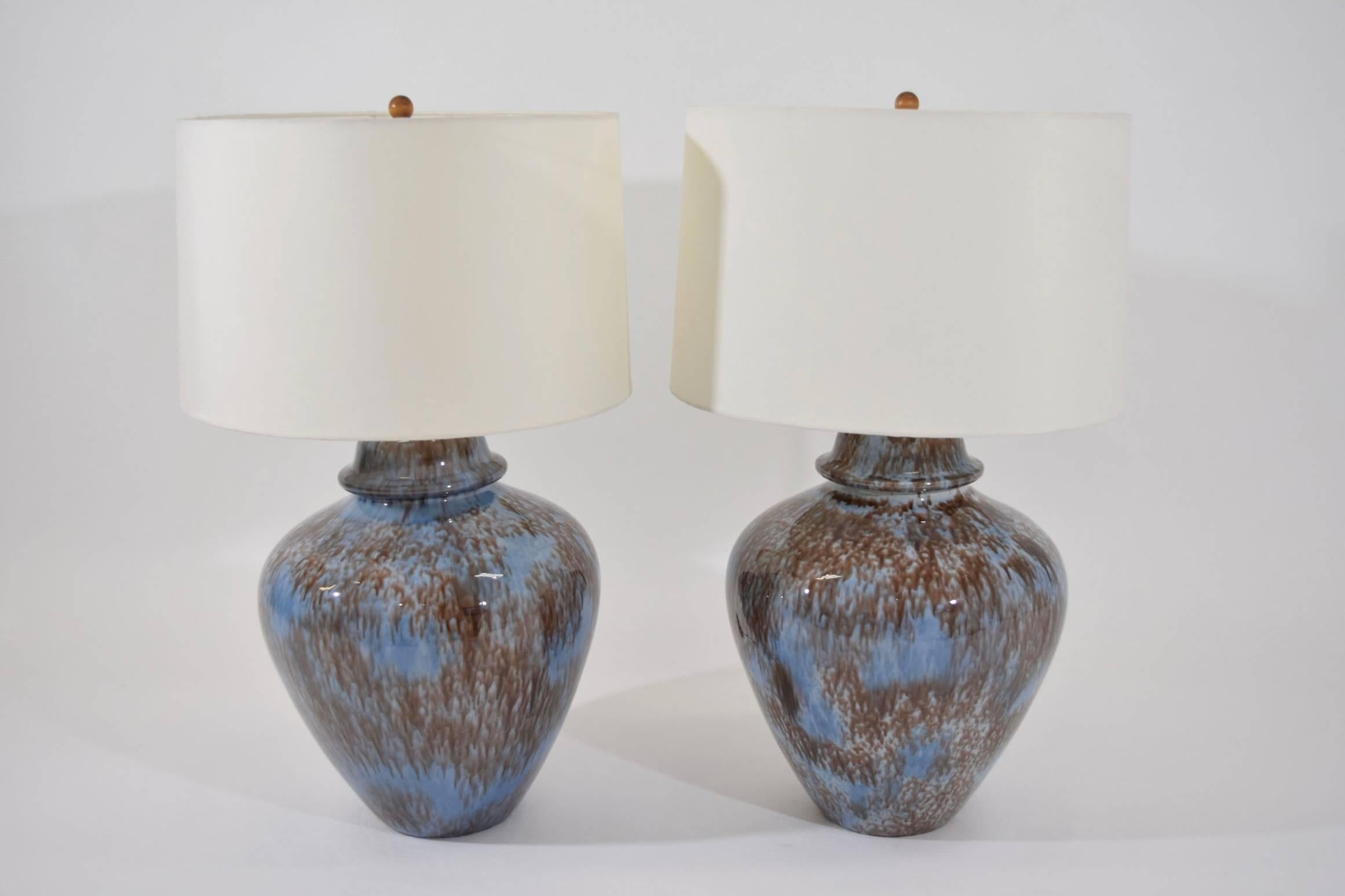 Large pair of ceramic lamps. Drip glazed.  Shades not included.