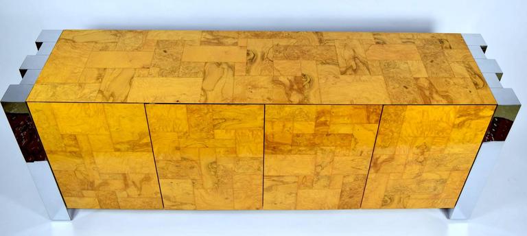 Paul Evans Cityscape Console in Burl Wood and Chrome In Good Condition For Sale In Dallas, TX