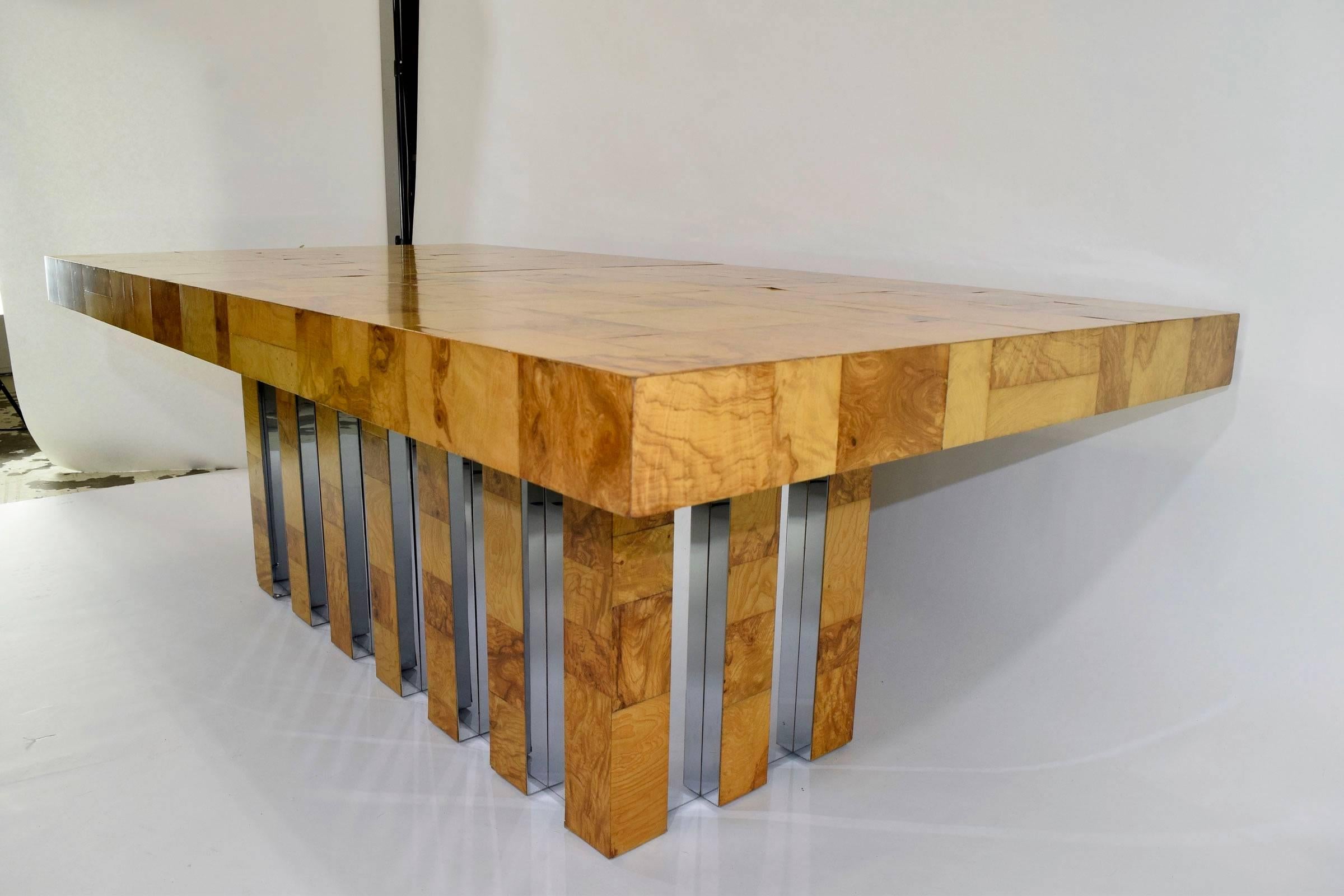 Mid-Century Modern Paul Evans Burl Wood and Chrome Cityscape Dining Table