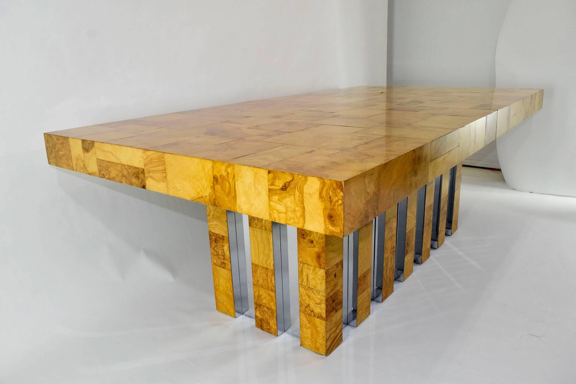 American Paul Evans Burl Wood and Chrome Cityscape Dining Table