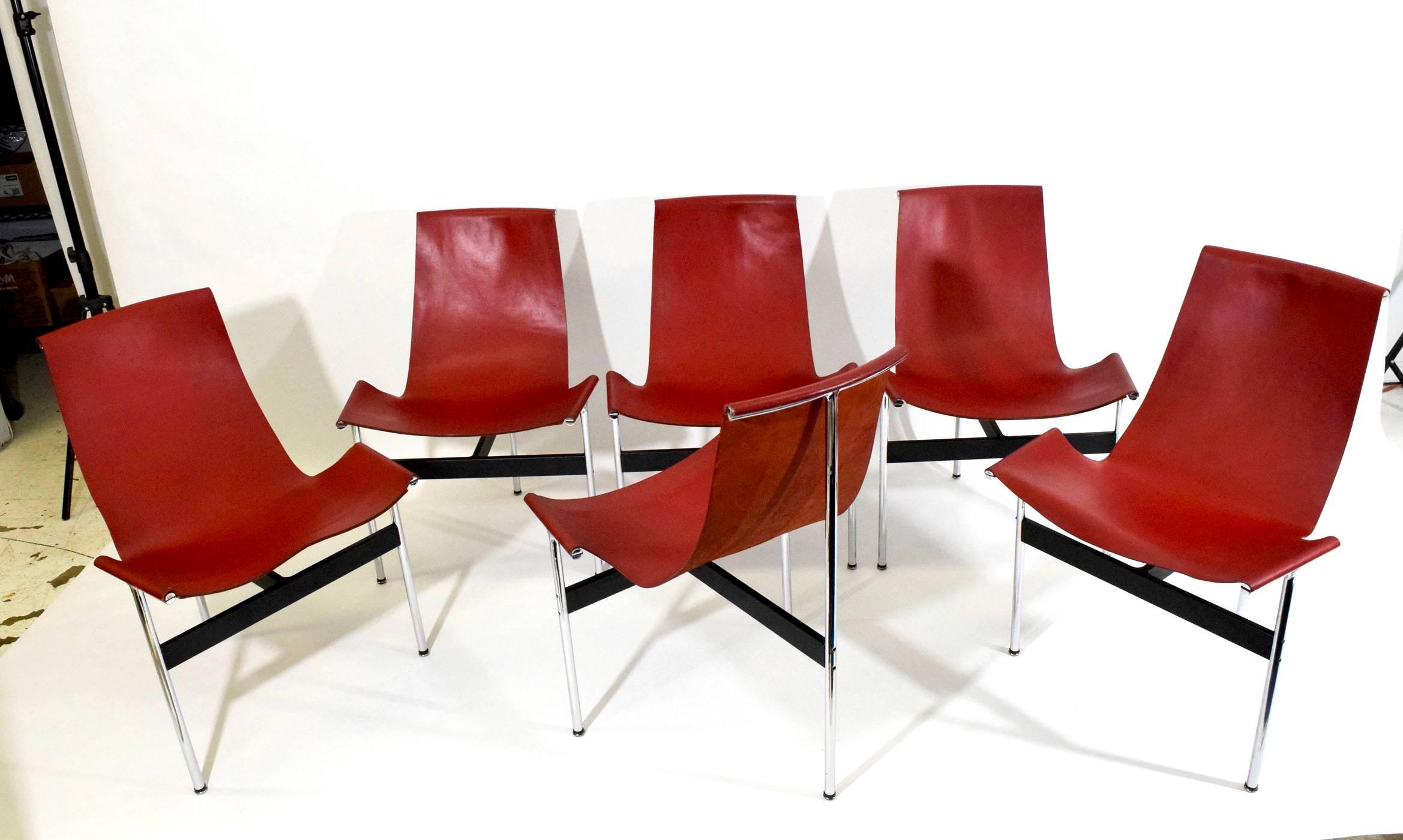 Set of six red leather T-chairs by Katavolos, Littell and Kelly for Laverne International.