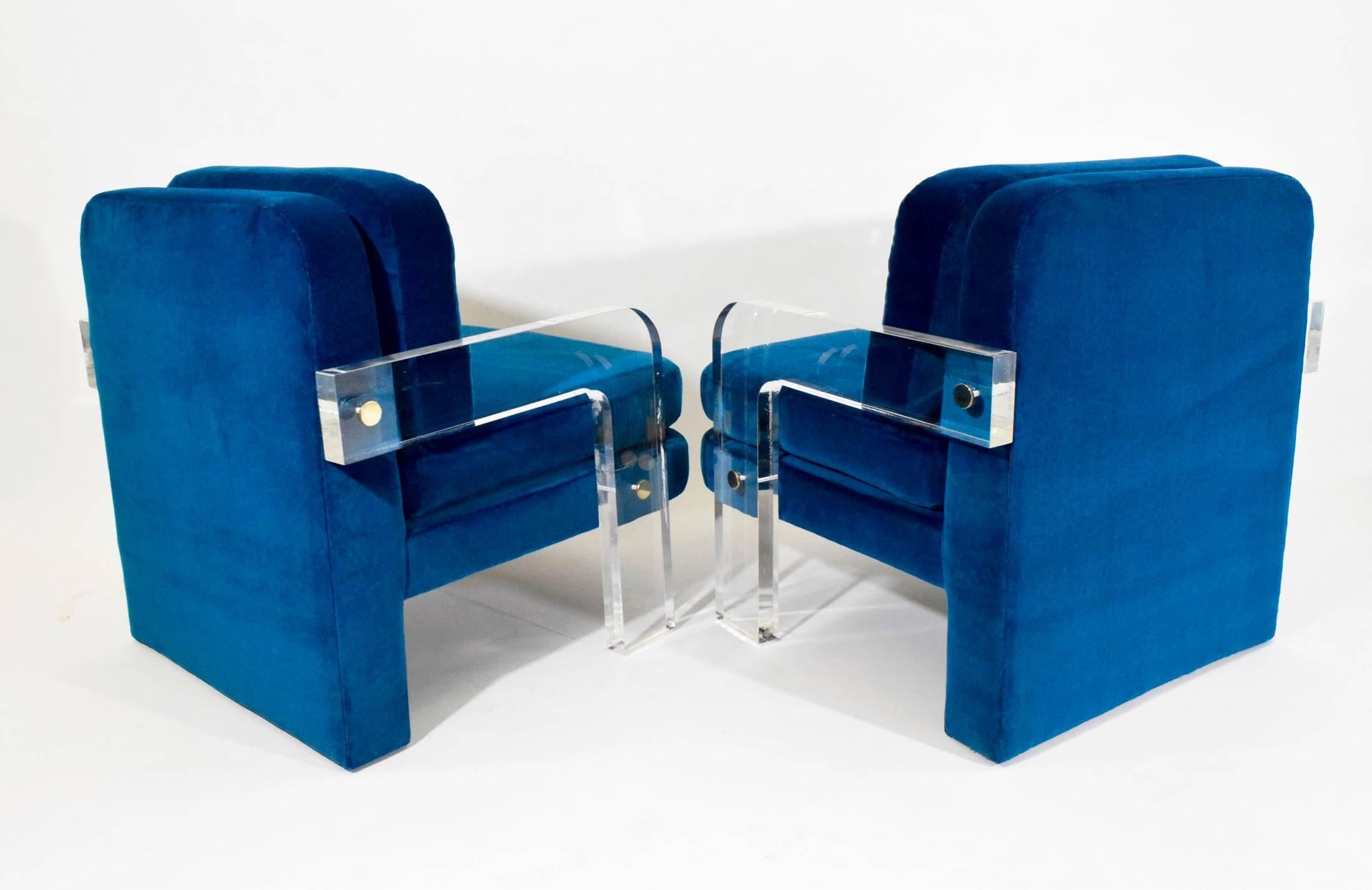 American Pair of Vladimir Kagan Lucite Lounge Chairs in Holly Hunt Upholstery