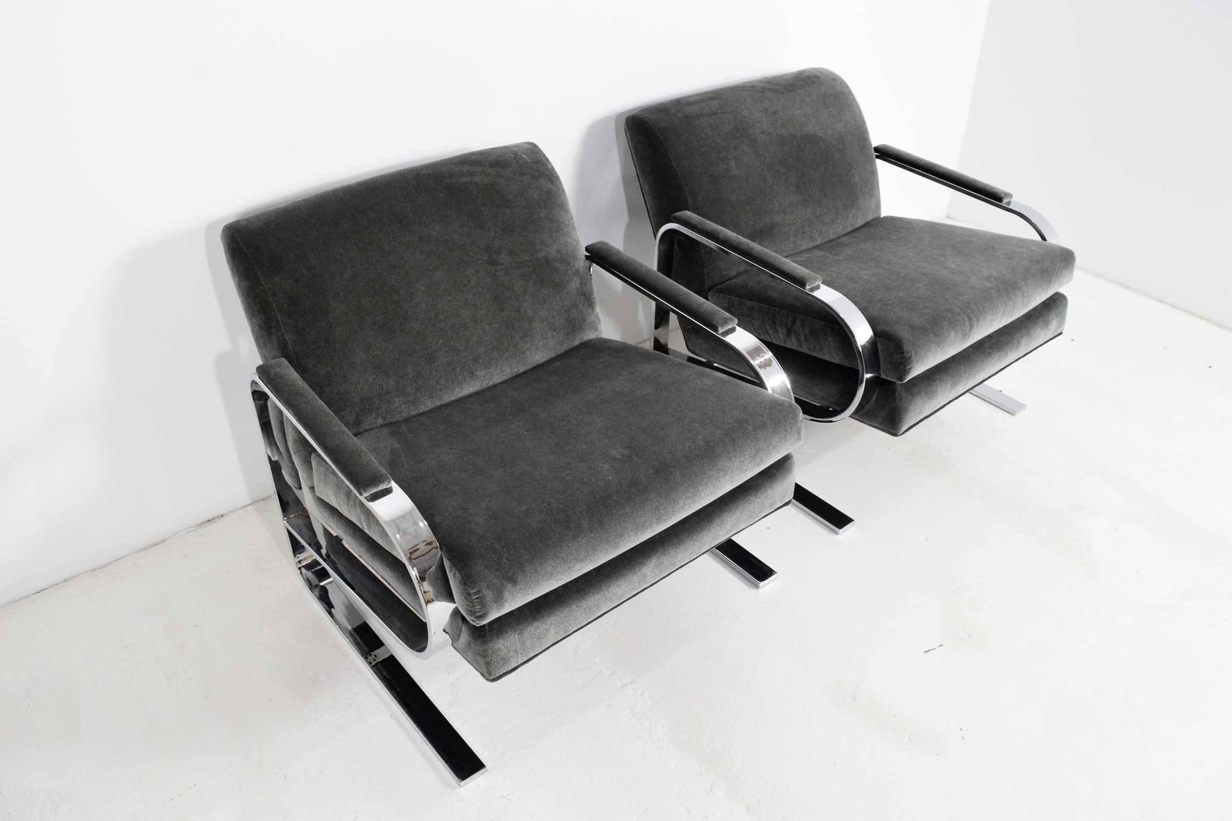American Milo Baughman Attributed Chrome Grasshopper Framed Lounge Chairs
