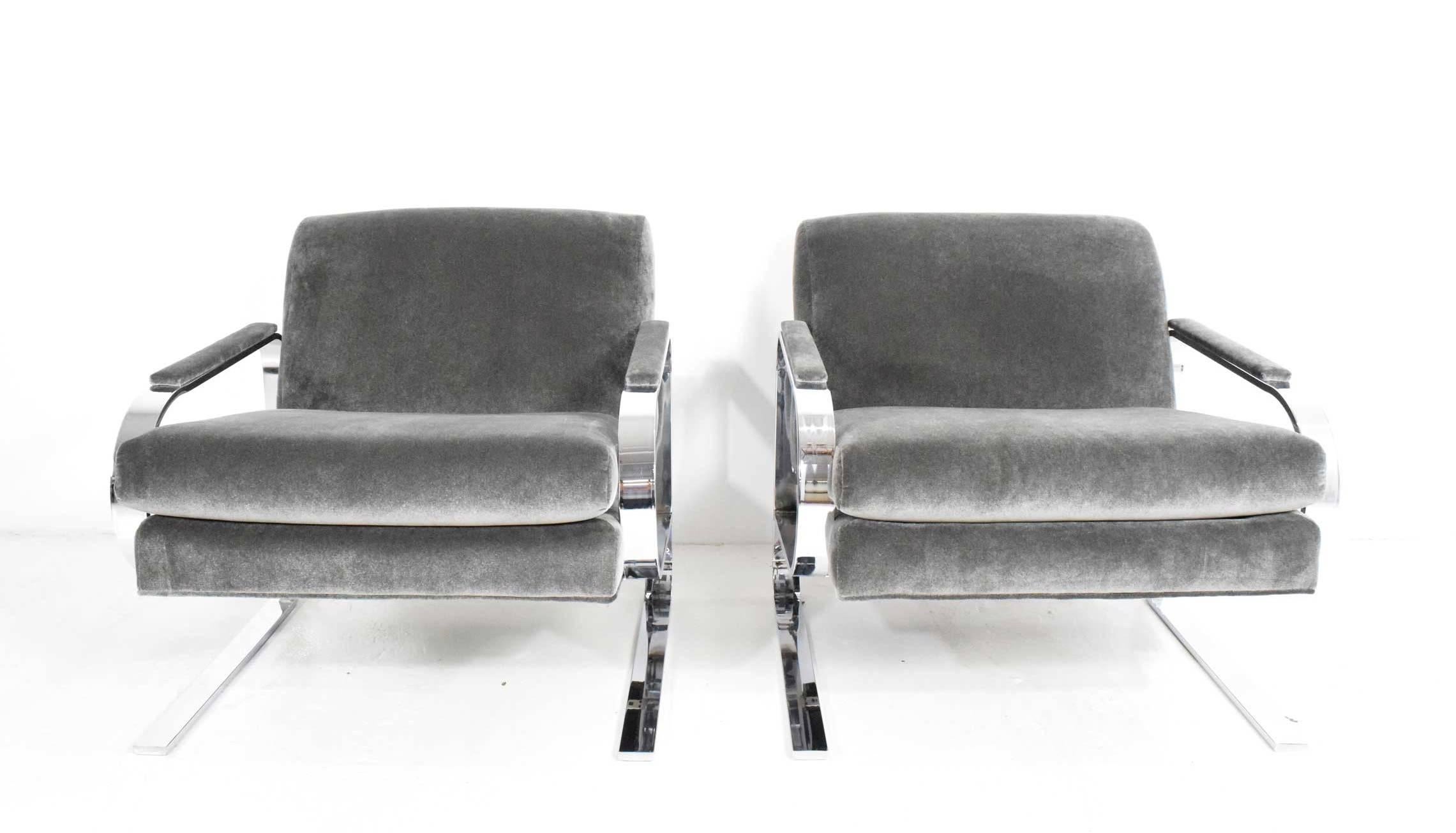 Mid-Century Modern Milo Baughman Attributed Chrome Grasshopper Framed Lounge Chairs