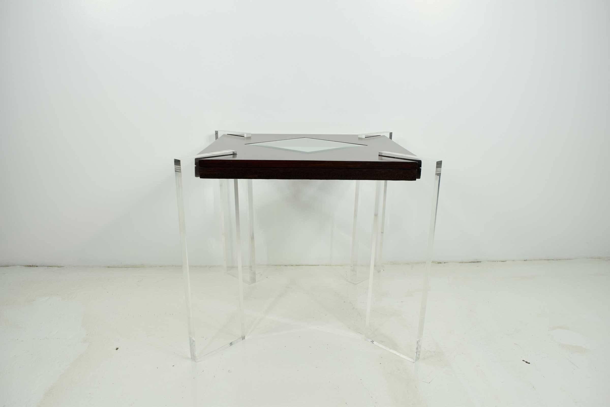 Inlaid beveled glass top, rosewood veneer, thick Lucite legs. We have a matching console. Please see our storefront.