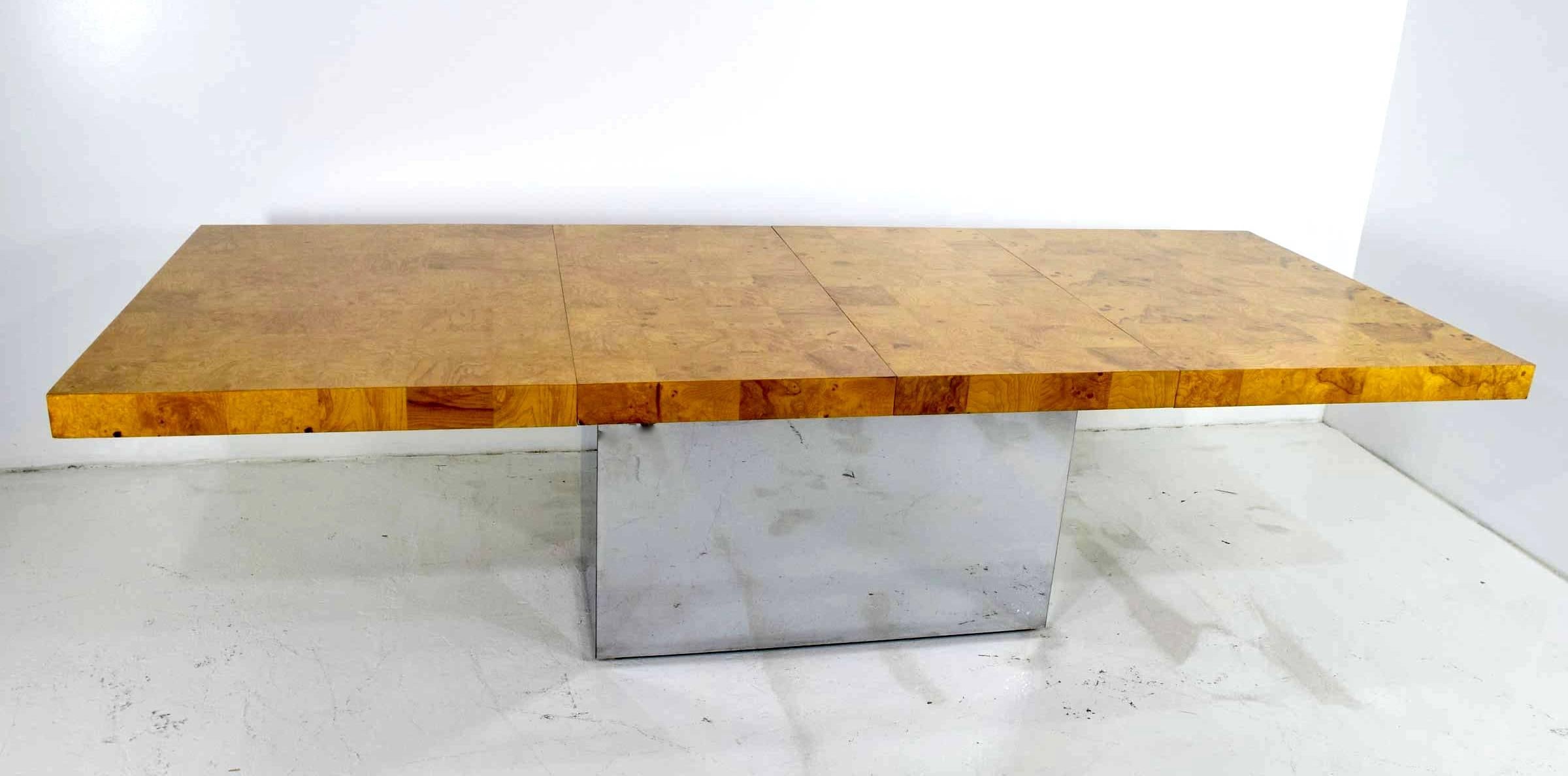Mid-Century Modern Milo Baughman Parquet Burled Wood Dining Table with Chrome Pedestal Base