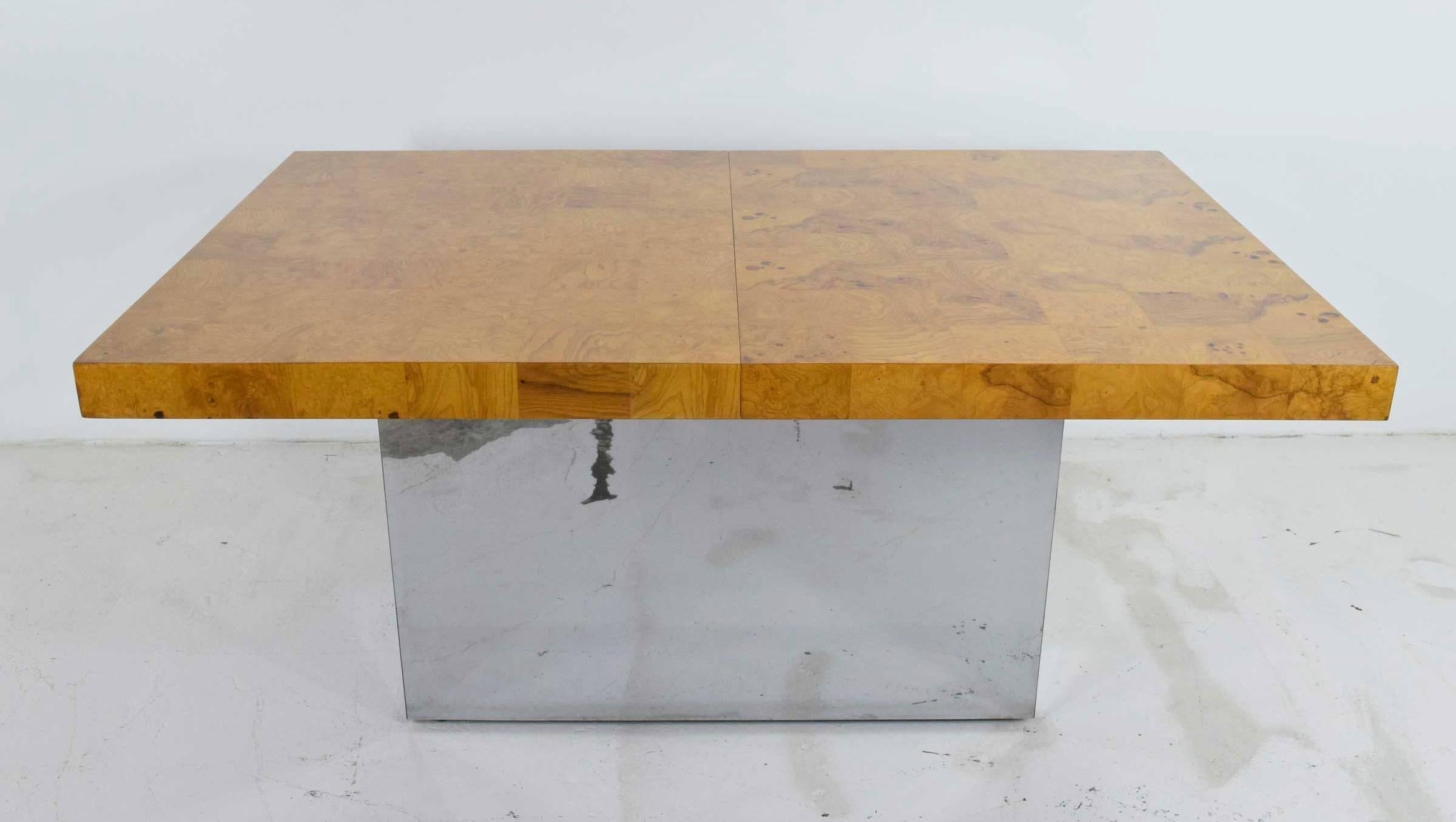Milo Baughman Parquet Burled Wood Dining Table with Chrome Pedestal Base In Excellent Condition In Dallas, TX