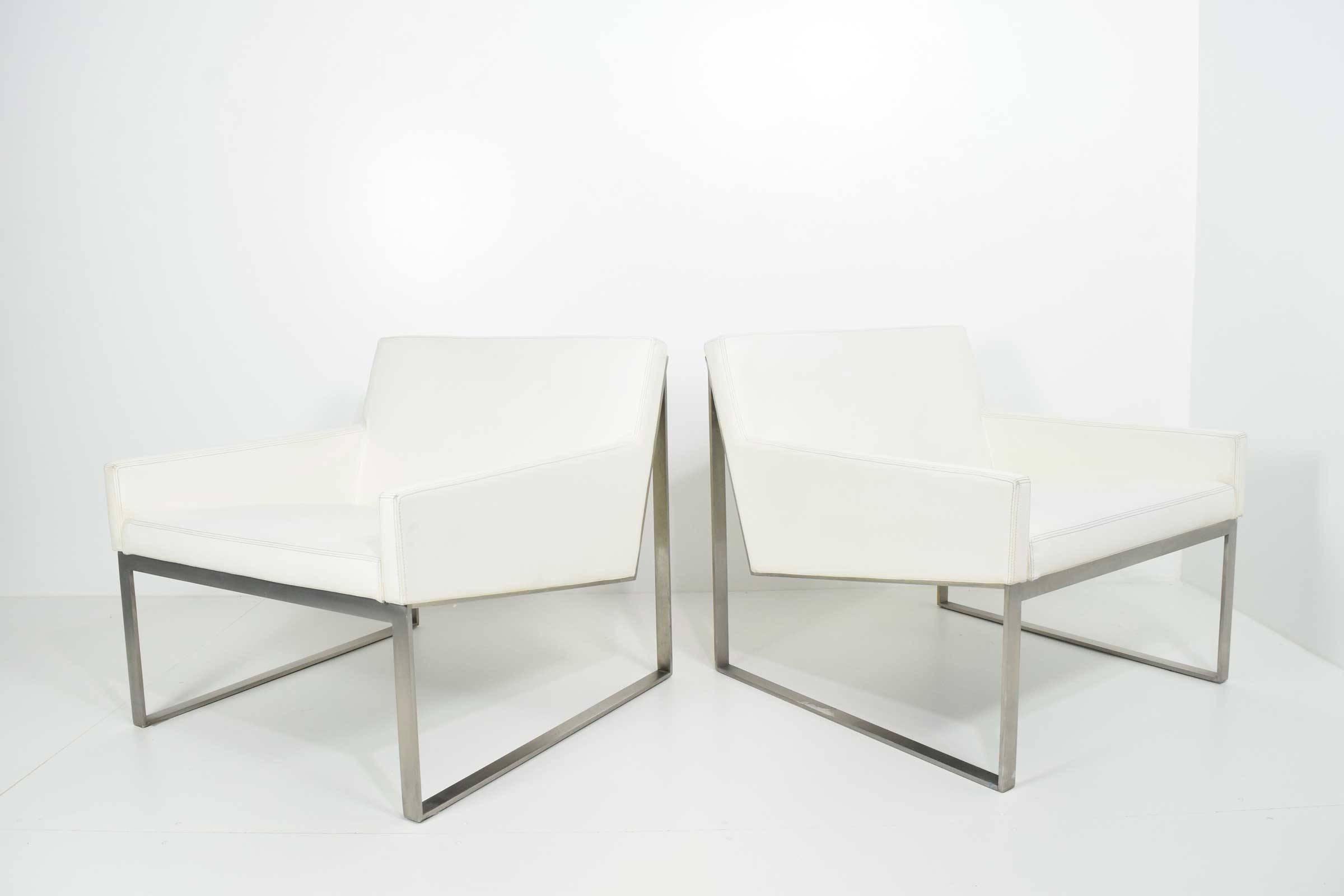 Clean lines, white leather, brushed nickel frame.