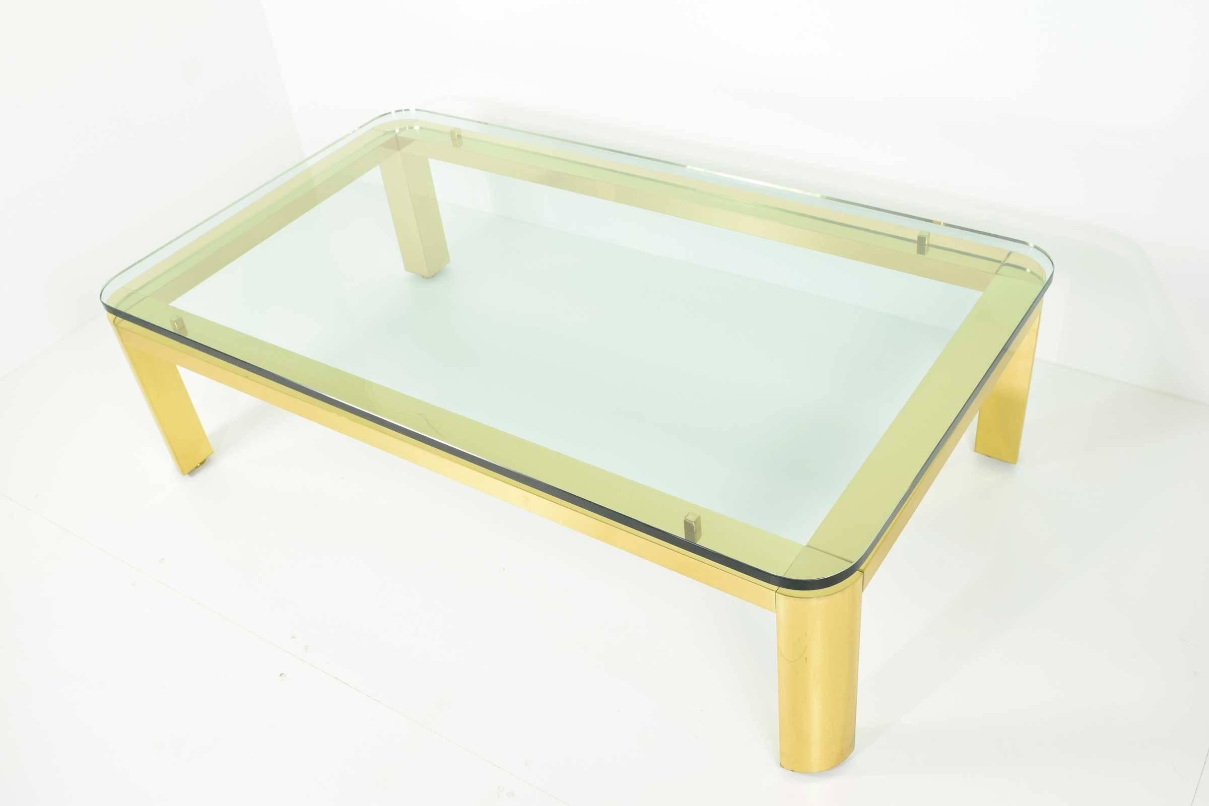 American Brass Finish Base Coffee Table with Thick Glass Top, Karl Springer Style