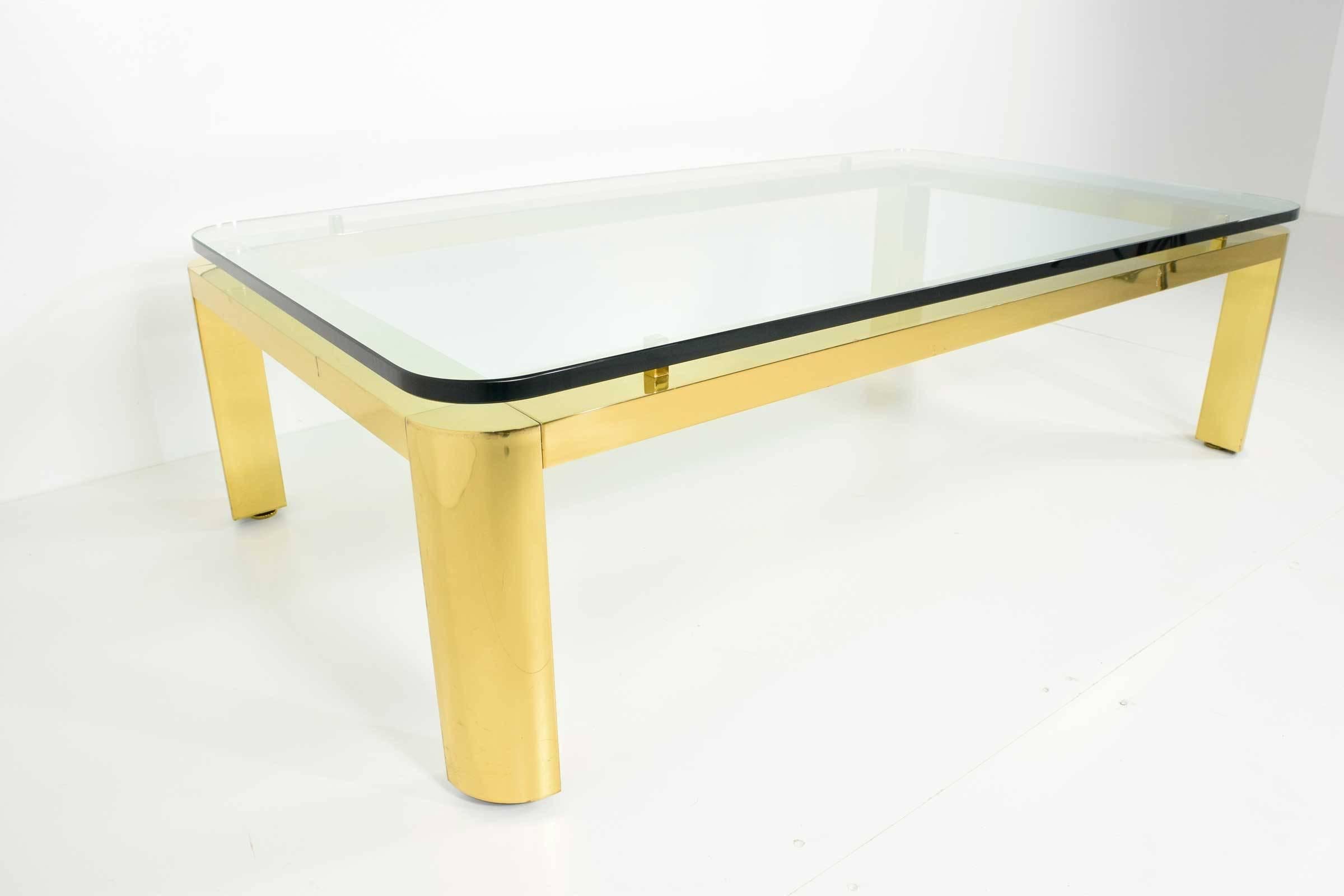 Mid-Century Modern Brass Finish Base Coffee Table with Thick Glass Top, Karl Springer Style