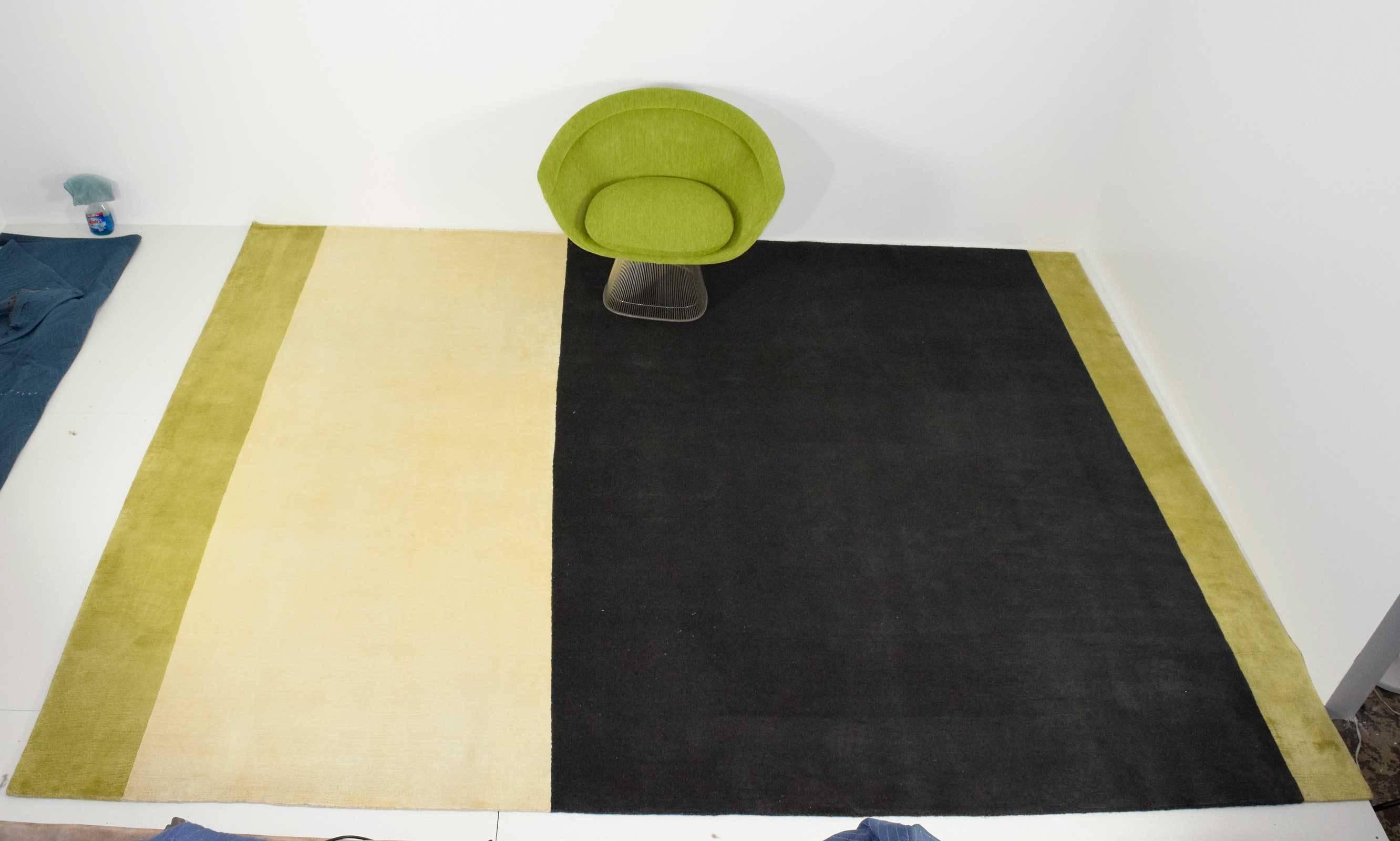 Beautiful rug with charcoal, ivory and chartreuse colors. Rug is very lightly used. Has been cleaned and has some overall discoloration and yellowing in the ivory section but looks very nice. Rug was $10,500 net when purchased. Rug pad included.