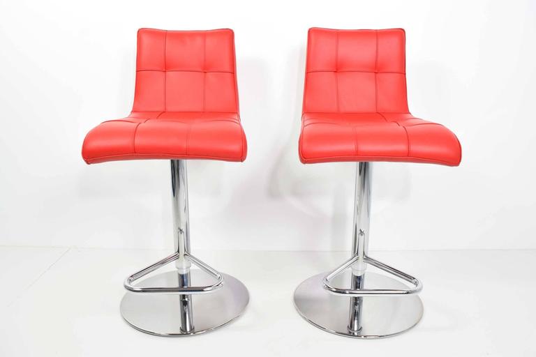 Pair of Italian Made Red Leather Adjustable/Swivel Bar Stools For Sale
