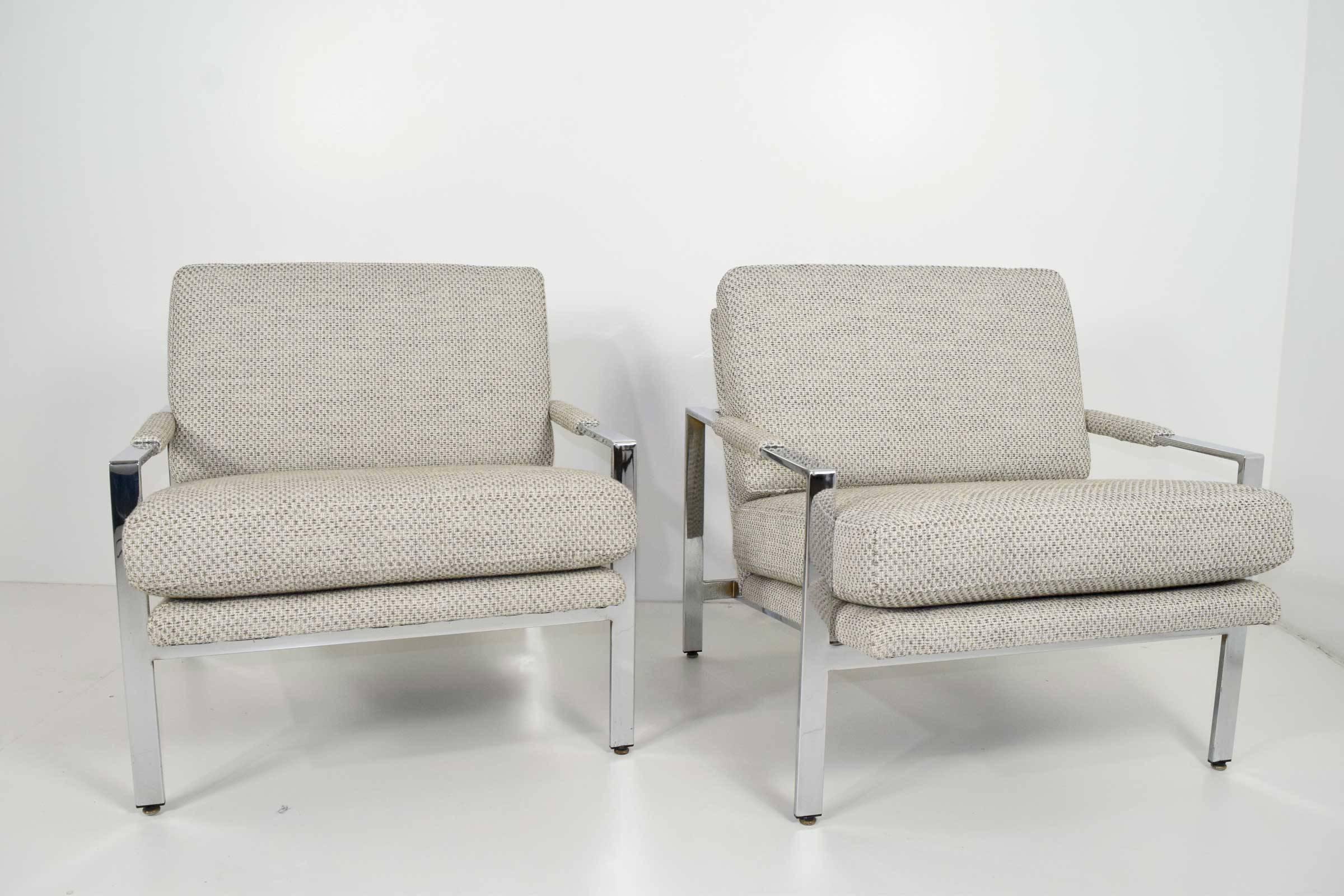 American Milo Baughman Chrome Frame Lounge Chairs in Neutral Color New Upholstery