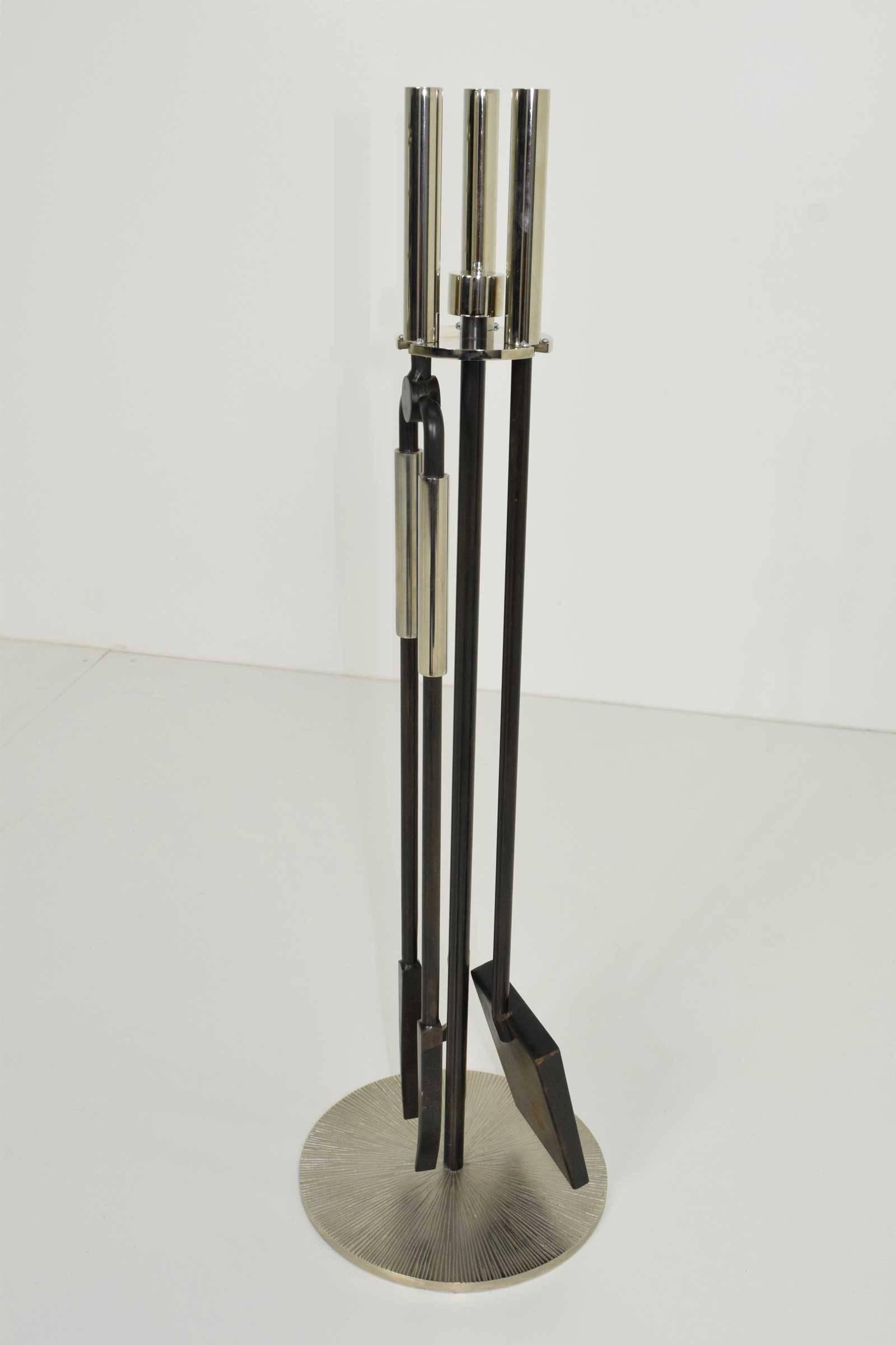 Beautiful Tuell & Reynolds fireplace tool set in bronze and polished nickel.