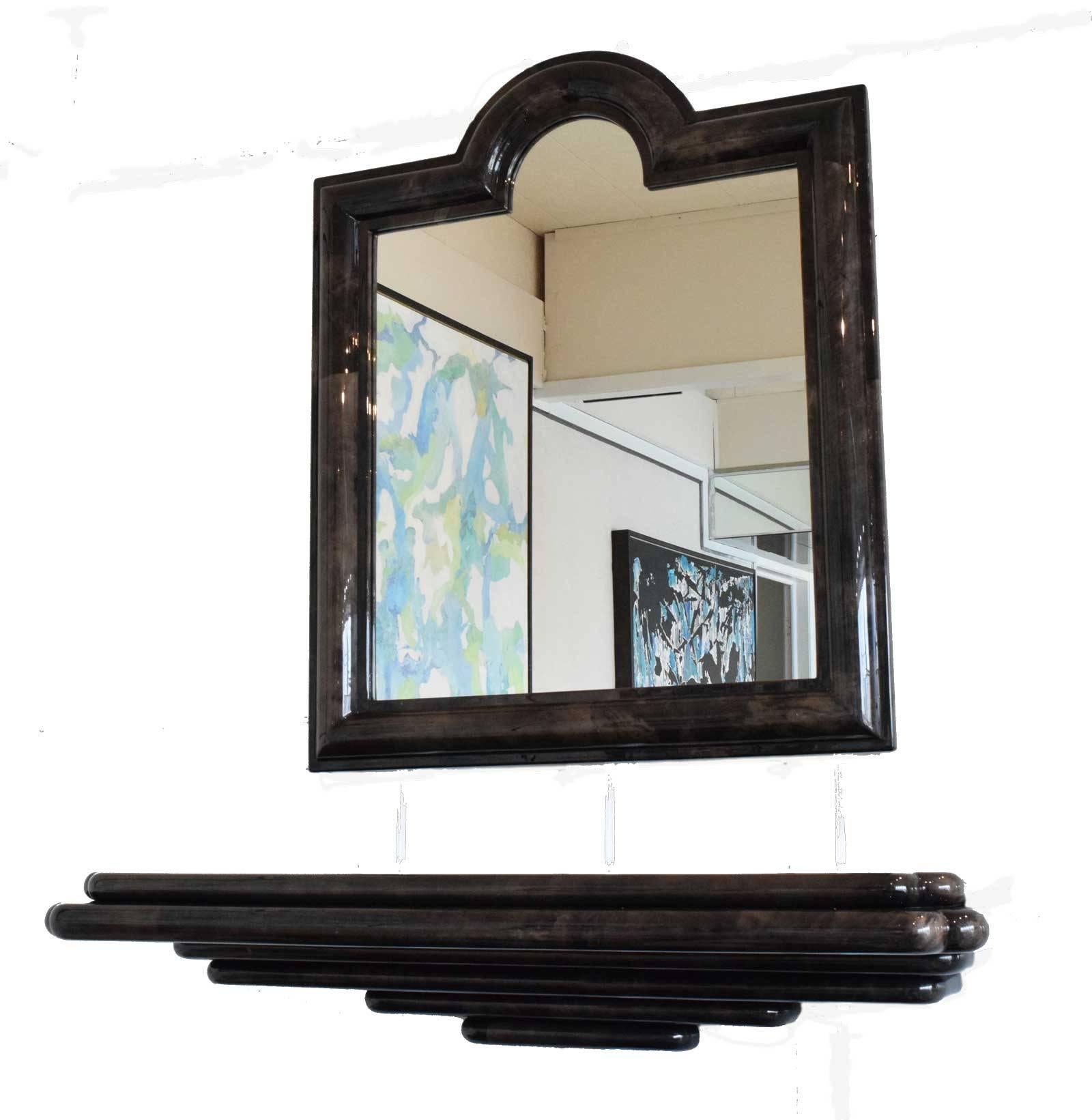 Mid-Century Modern Karl Springer Style Goatskin Wall Mount Console and Mirror For Sale