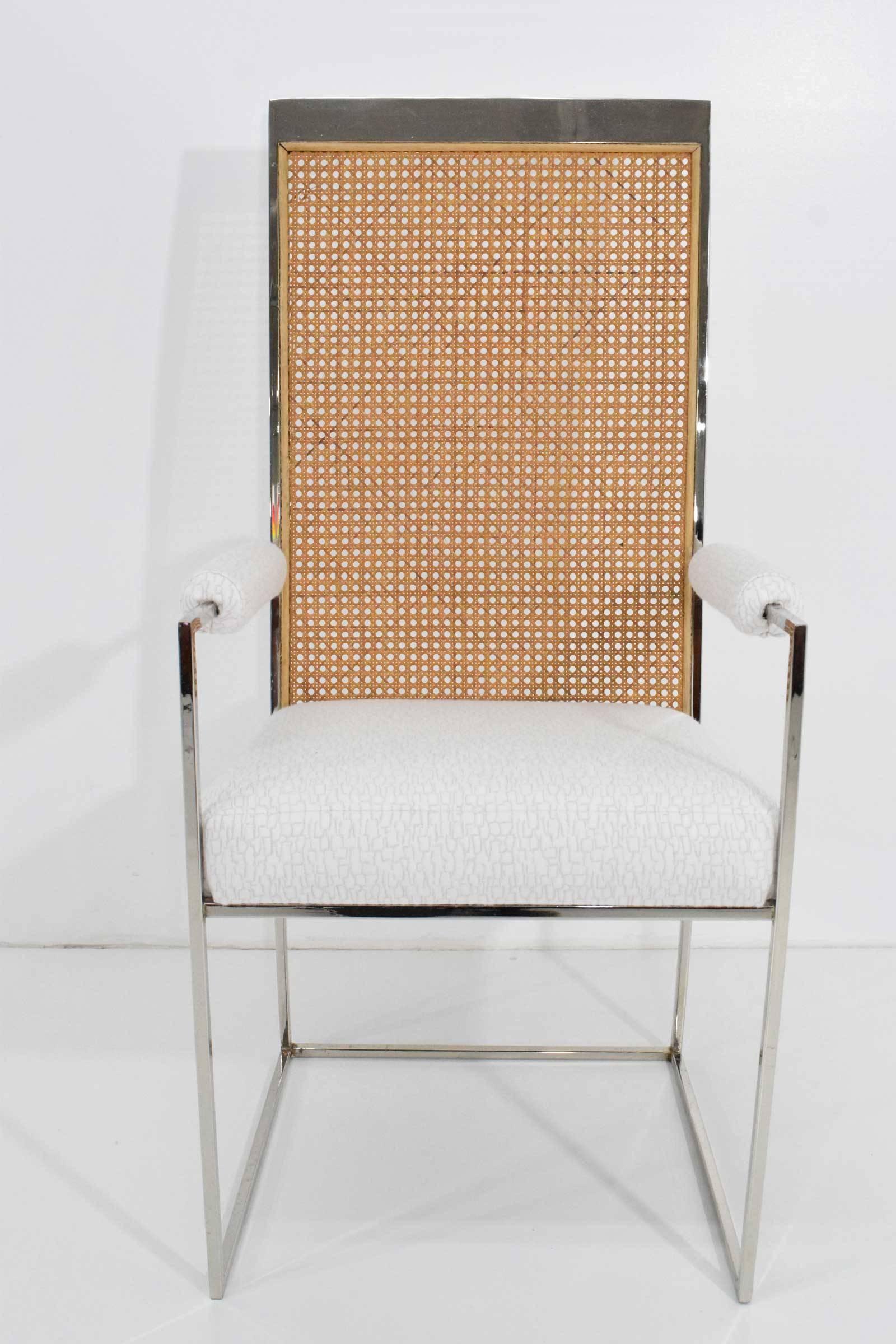 A set of six dining chairs by Milo Baughman with cane backs. Newly upholstered in Holly Hunt Great Outdoors. 