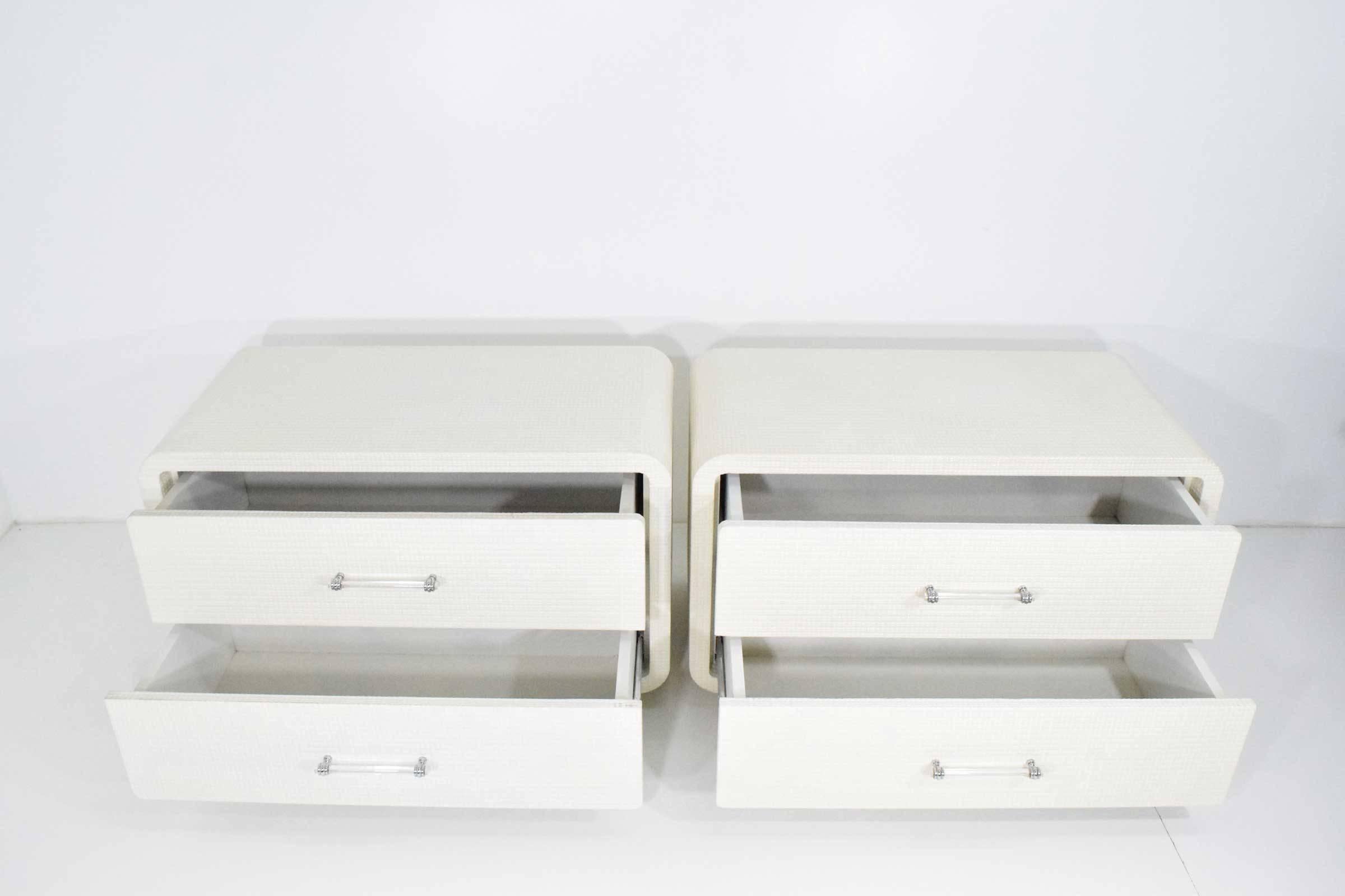 Pair of Lacquered Grasscloth Nightstands 1