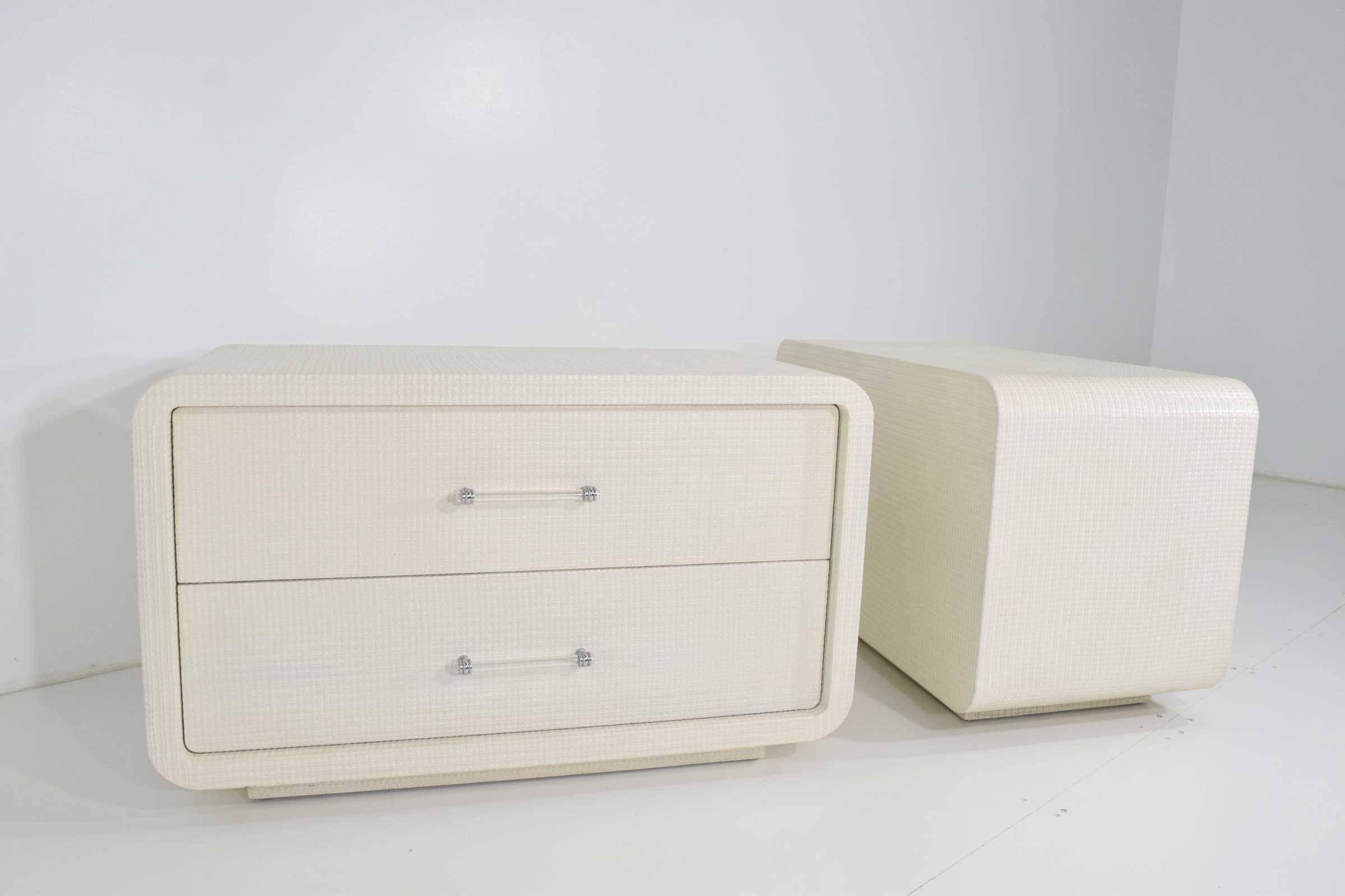 American Pair of Lacquered Grasscloth Nightstands