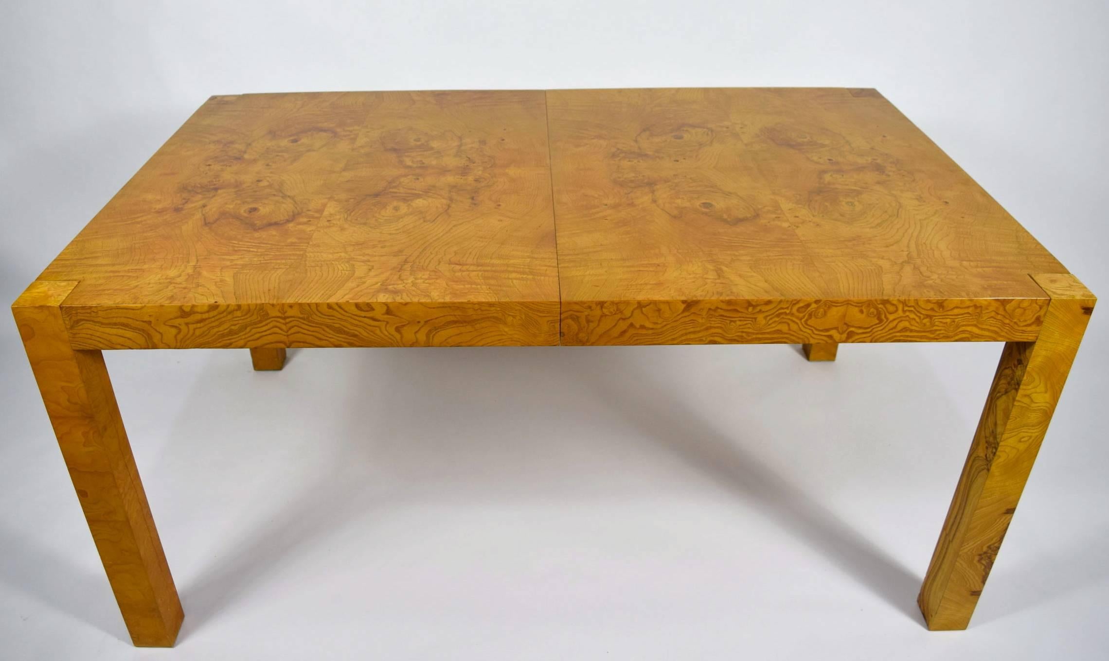 Olive ash burl dining table by Milo Baughman for Lane. Table has two 18