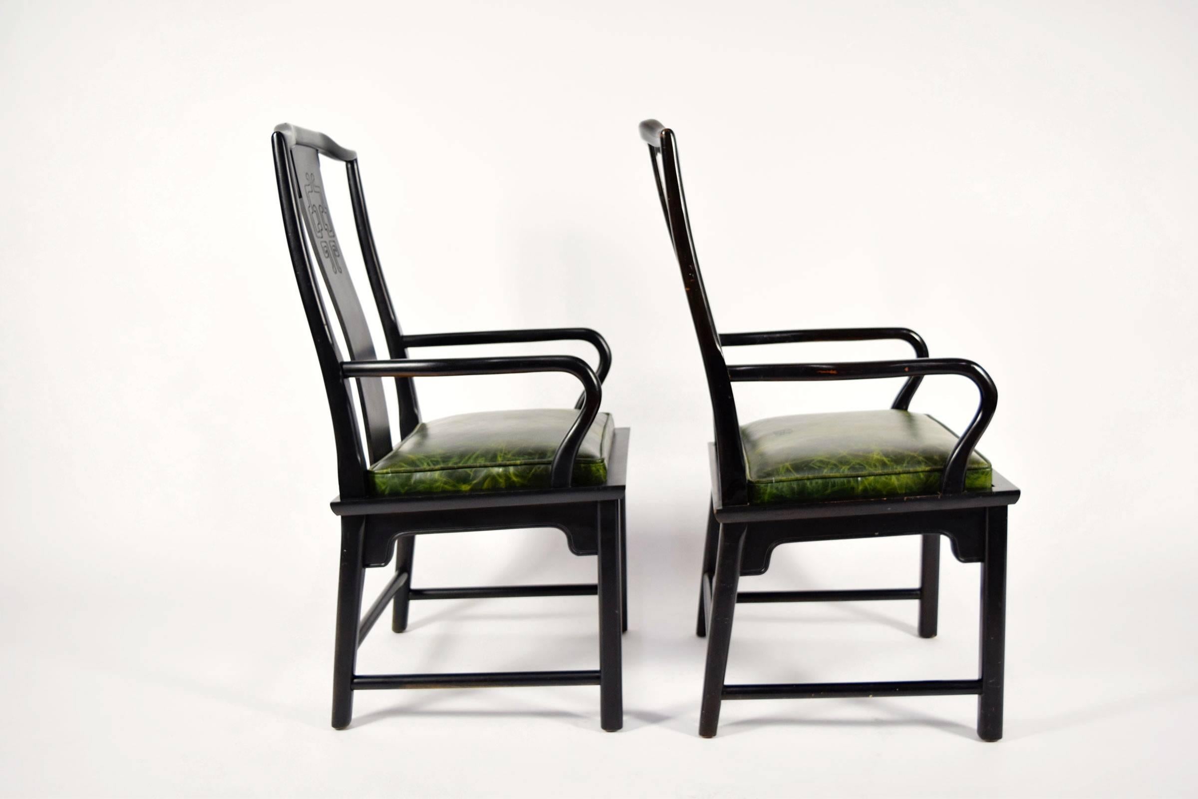 A fantastic pair of Chin Hua Asian Modern style chairs with new leather upholstered seats.