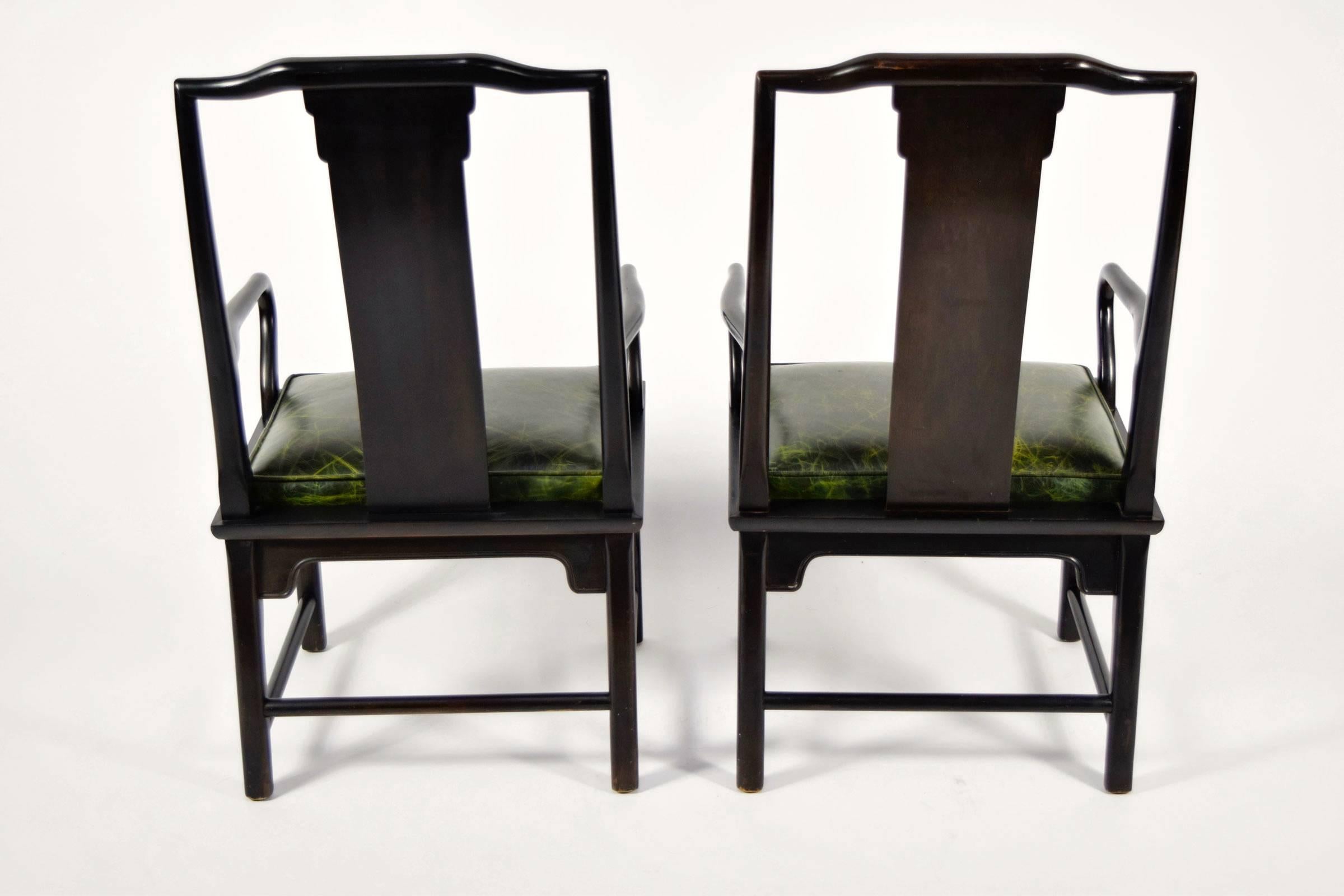 Pair of Chin Hua Asian Modern Style Chairs with Leather Seats In Good Condition In Dallas, TX