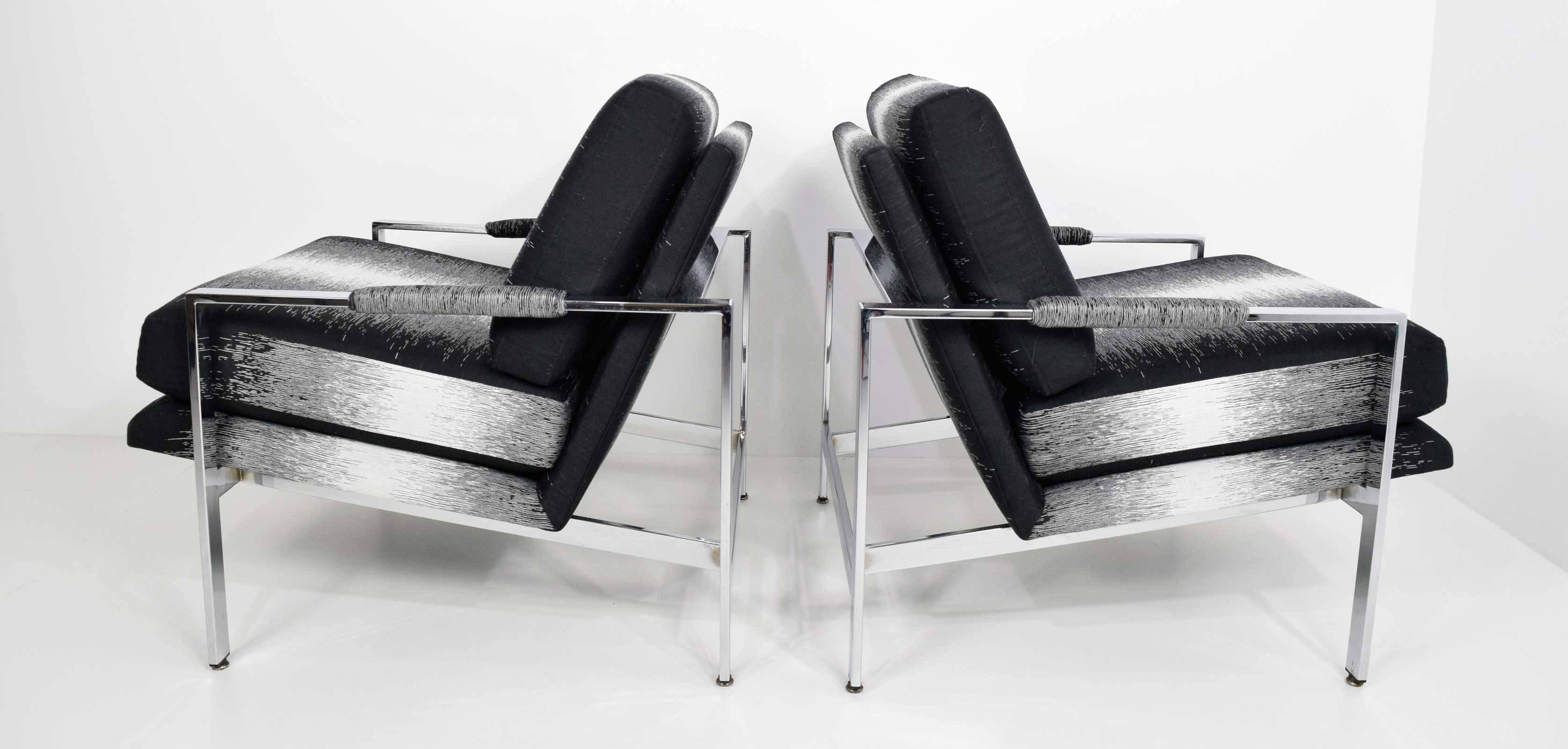 Pair of Milo Baughman Lounge Chairs in New Upholstery by Romo 1