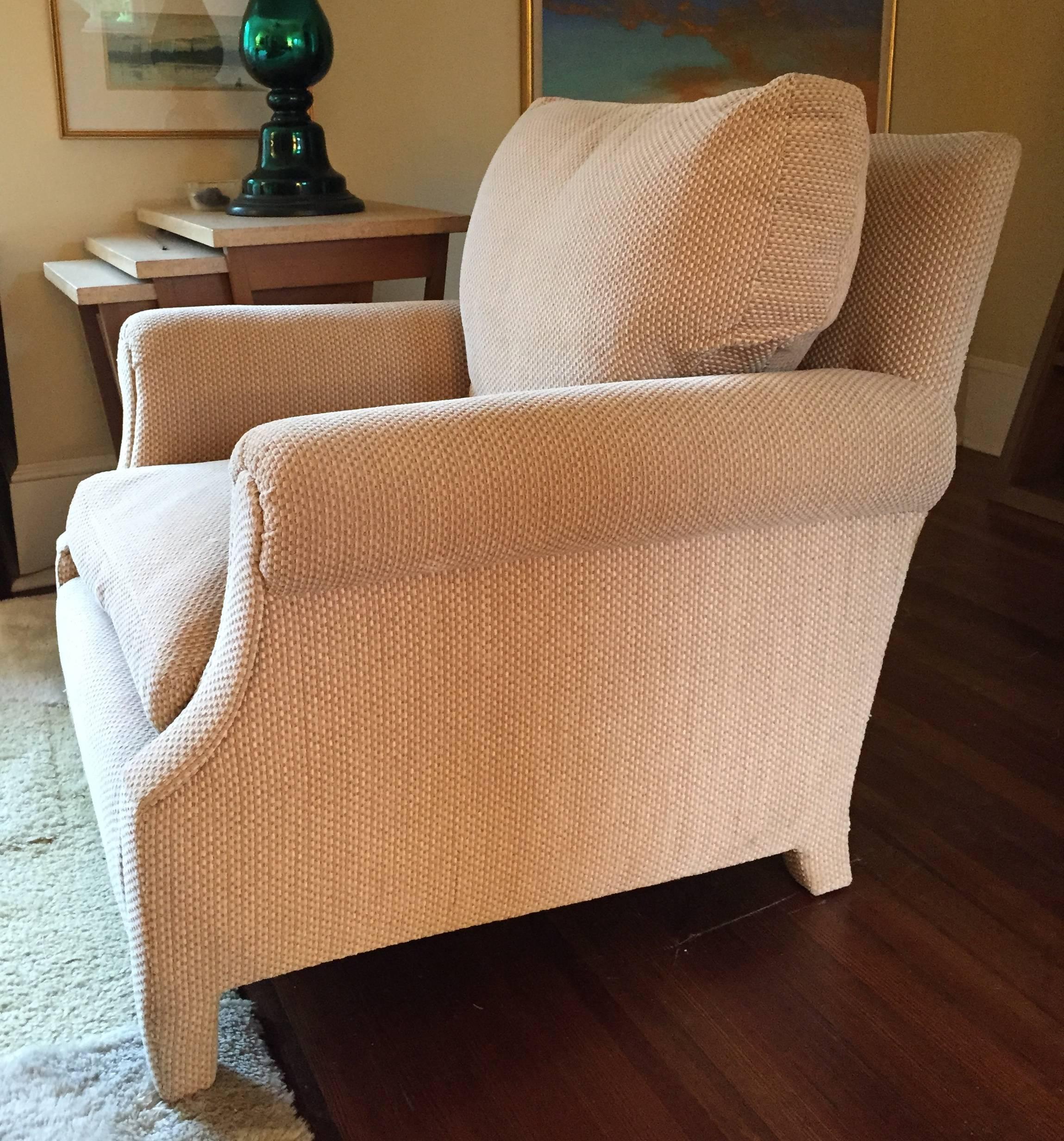 These chairs have a compact footprint, but are very comfortable due to the plush down seat and back cushions. In addition to the dimensions listed below, the arm height is 24 inches.

They have an interesting provenance: They are from the estate of