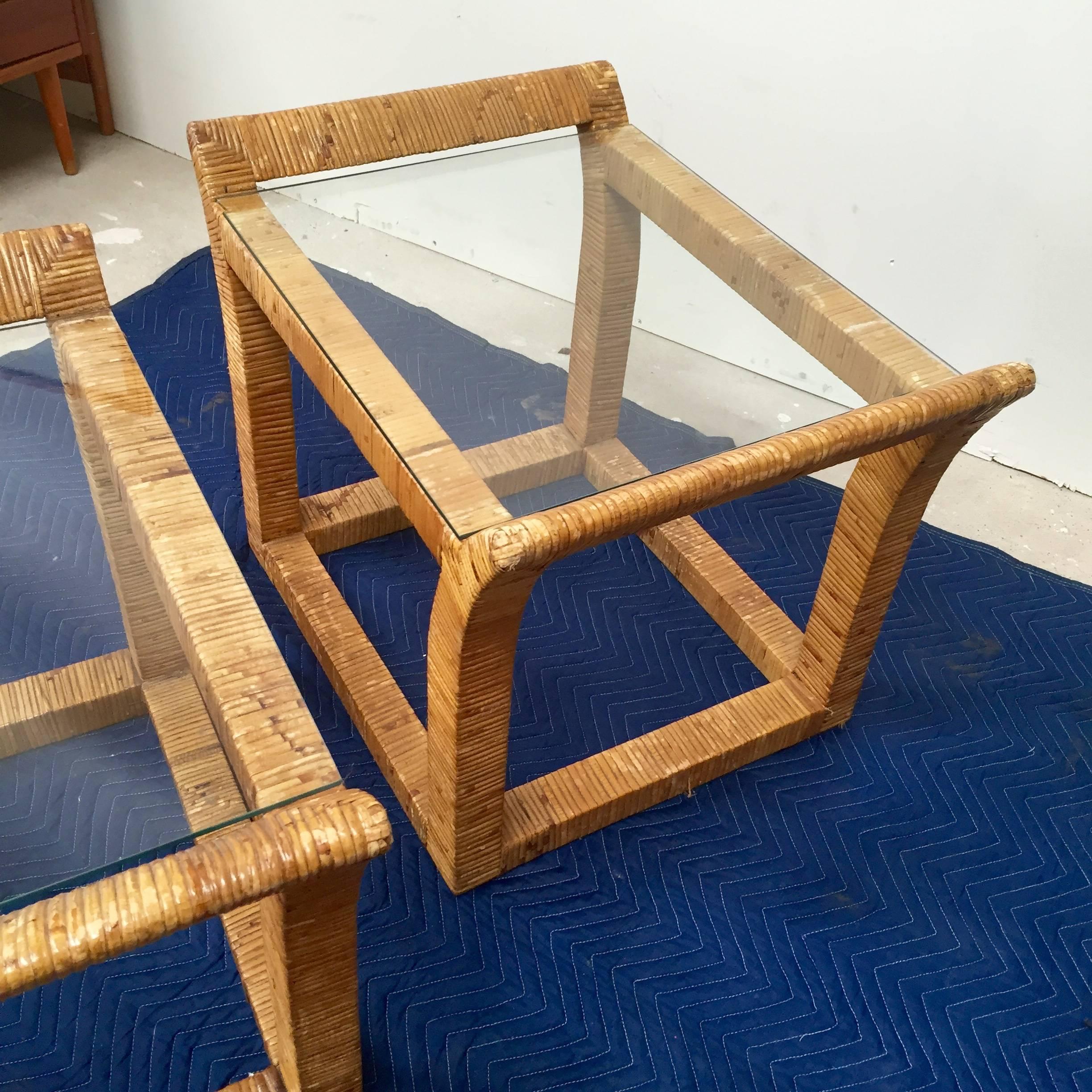 Pair of 1970s Wicker and Glass Side Tables In Good Condition In Quogue, NY