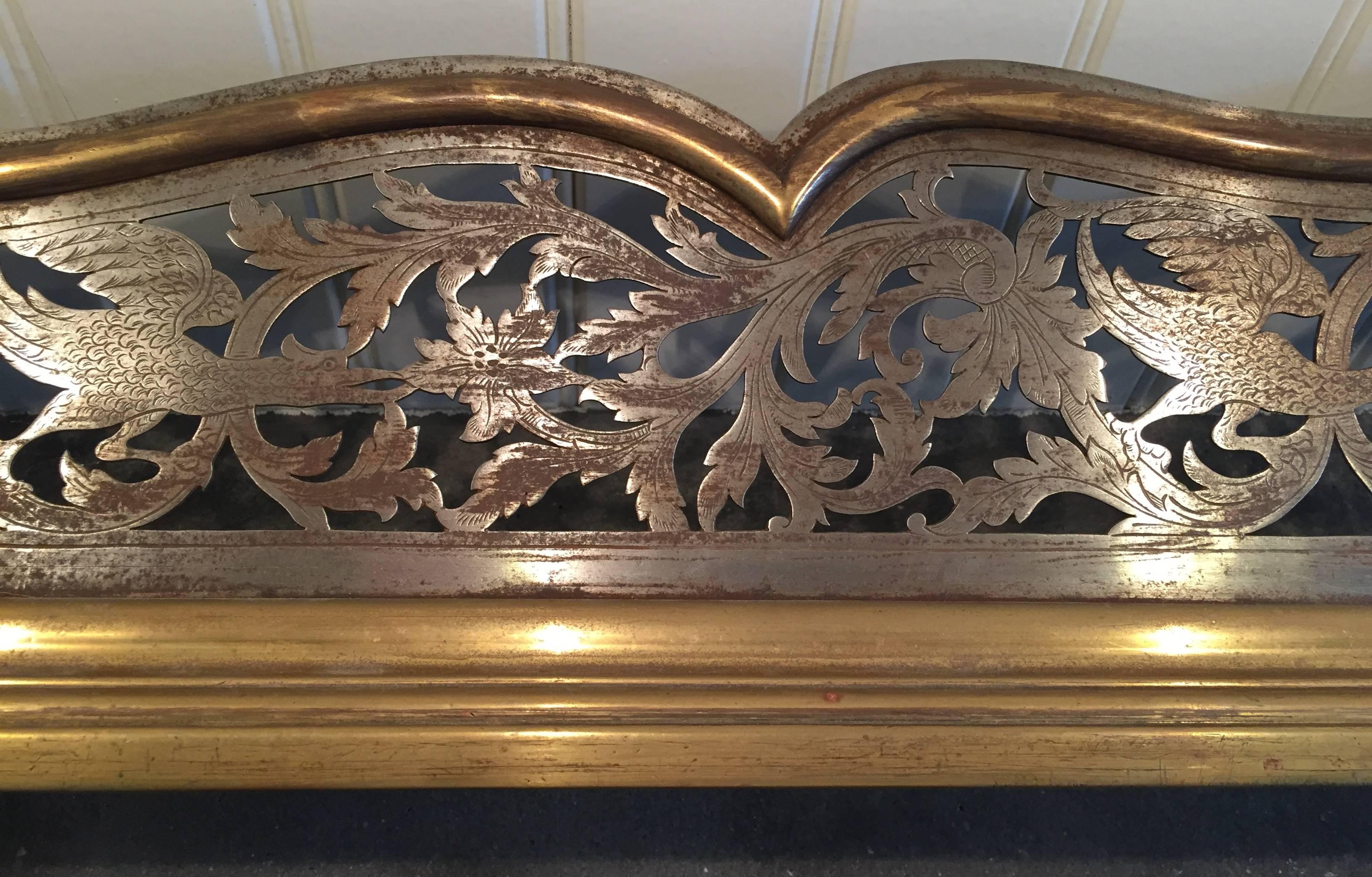 Engraved Georgian Pierced Steel and Brass Fireplace Fender For Sale