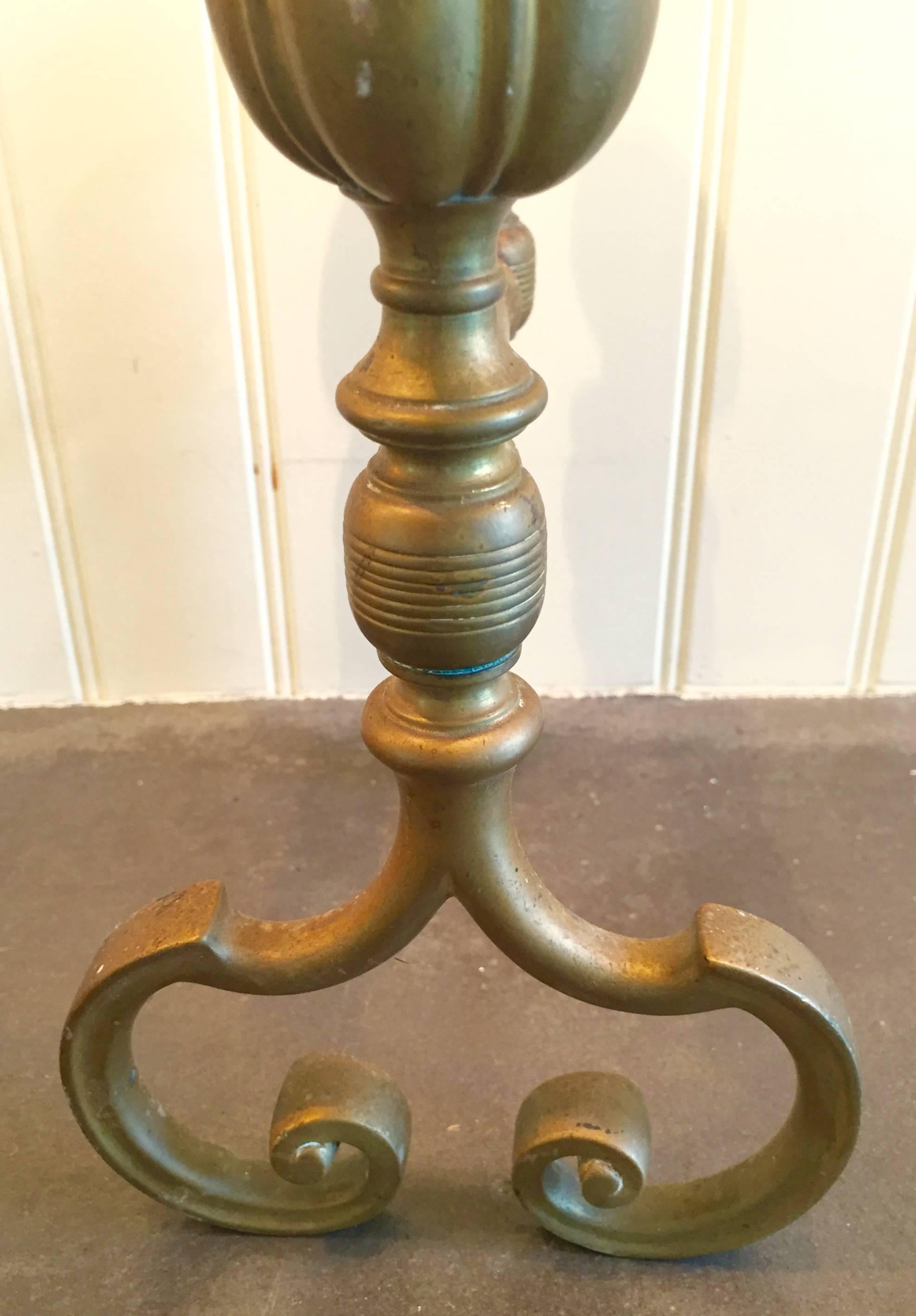 French Regence Style Brass Andirons / Tool Holder For Sale