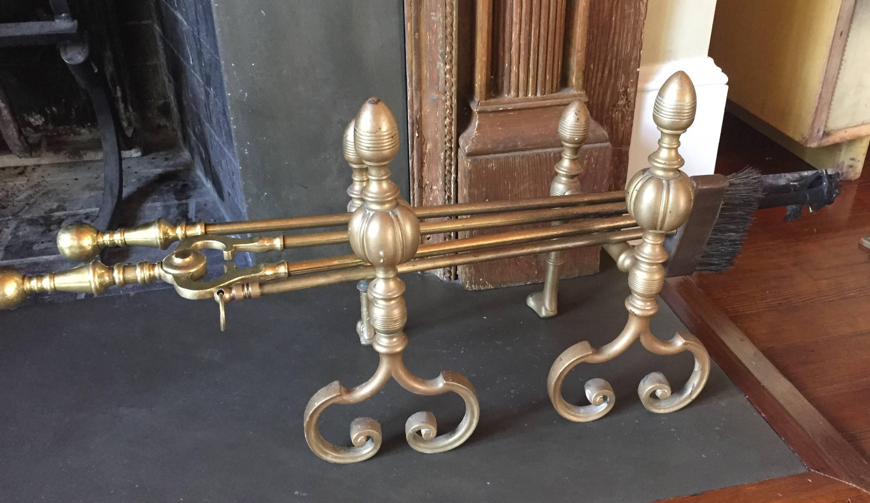 19th Century Regence Style Brass Andirons / Tool Holder For Sale