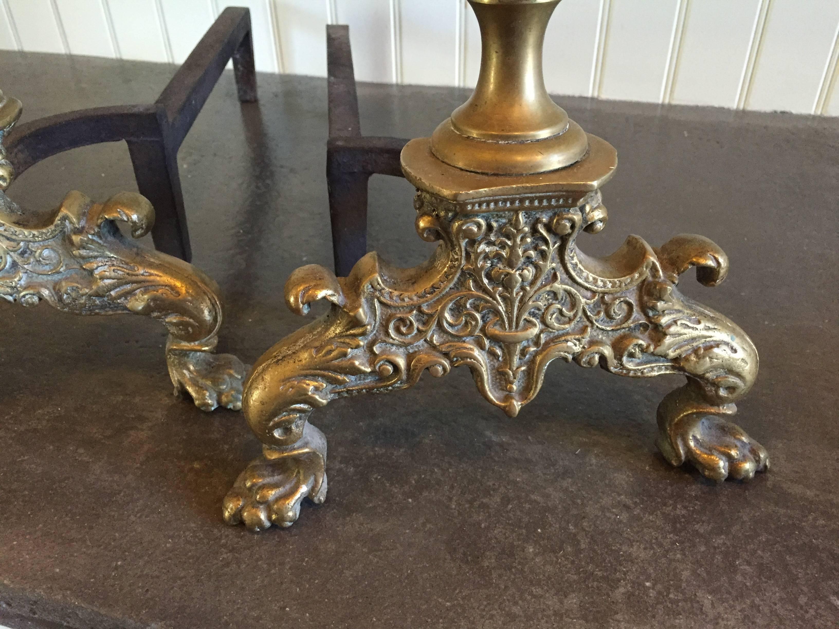 19th Century Georgian Style Tall Brass Andirons For Sale