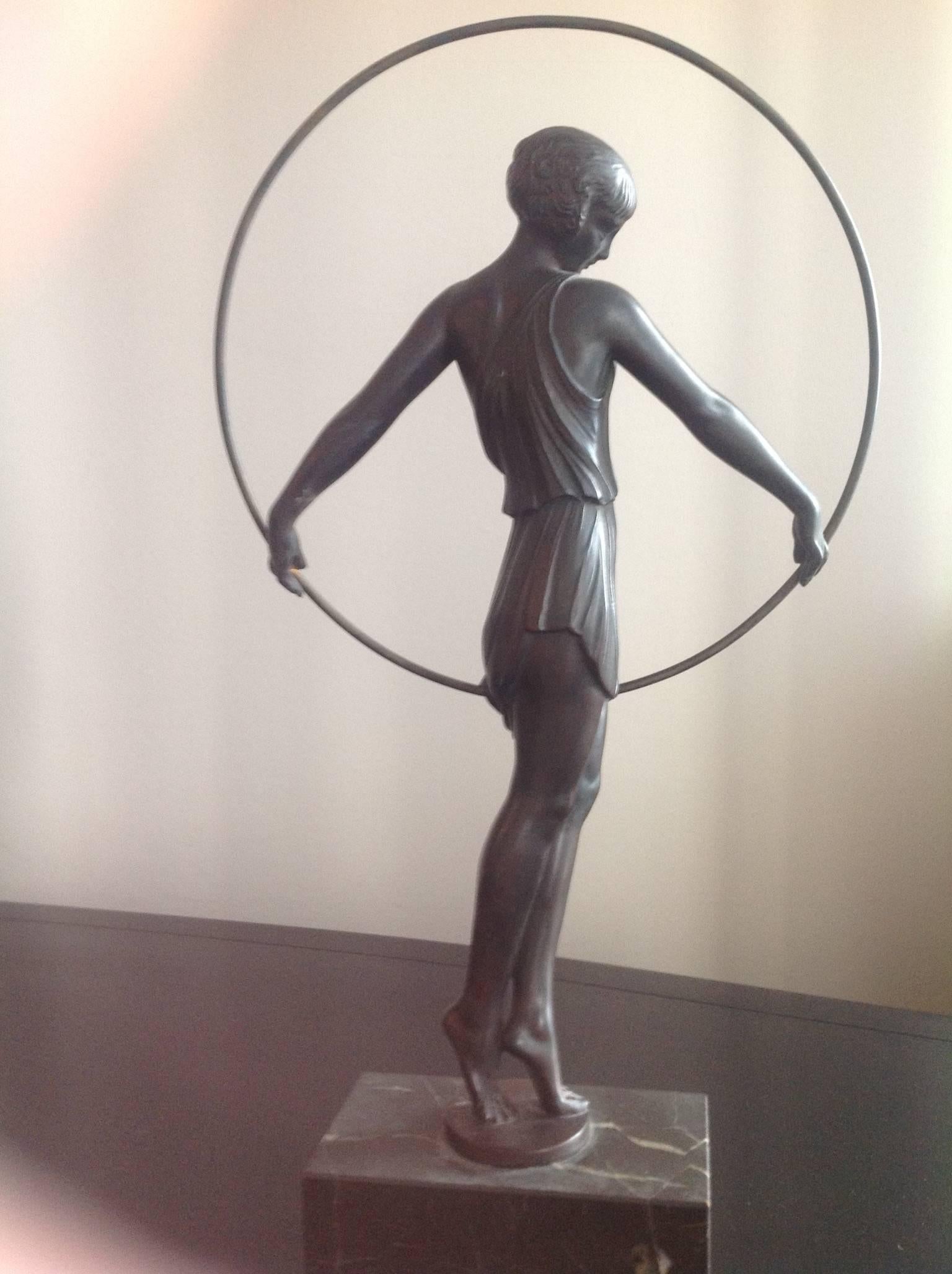 French Girl with a Hoop, Art Deco Bronze by Fayral