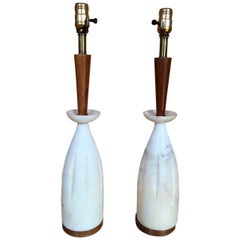 Pair of Italian Alabaster and Walnut Table Lamps