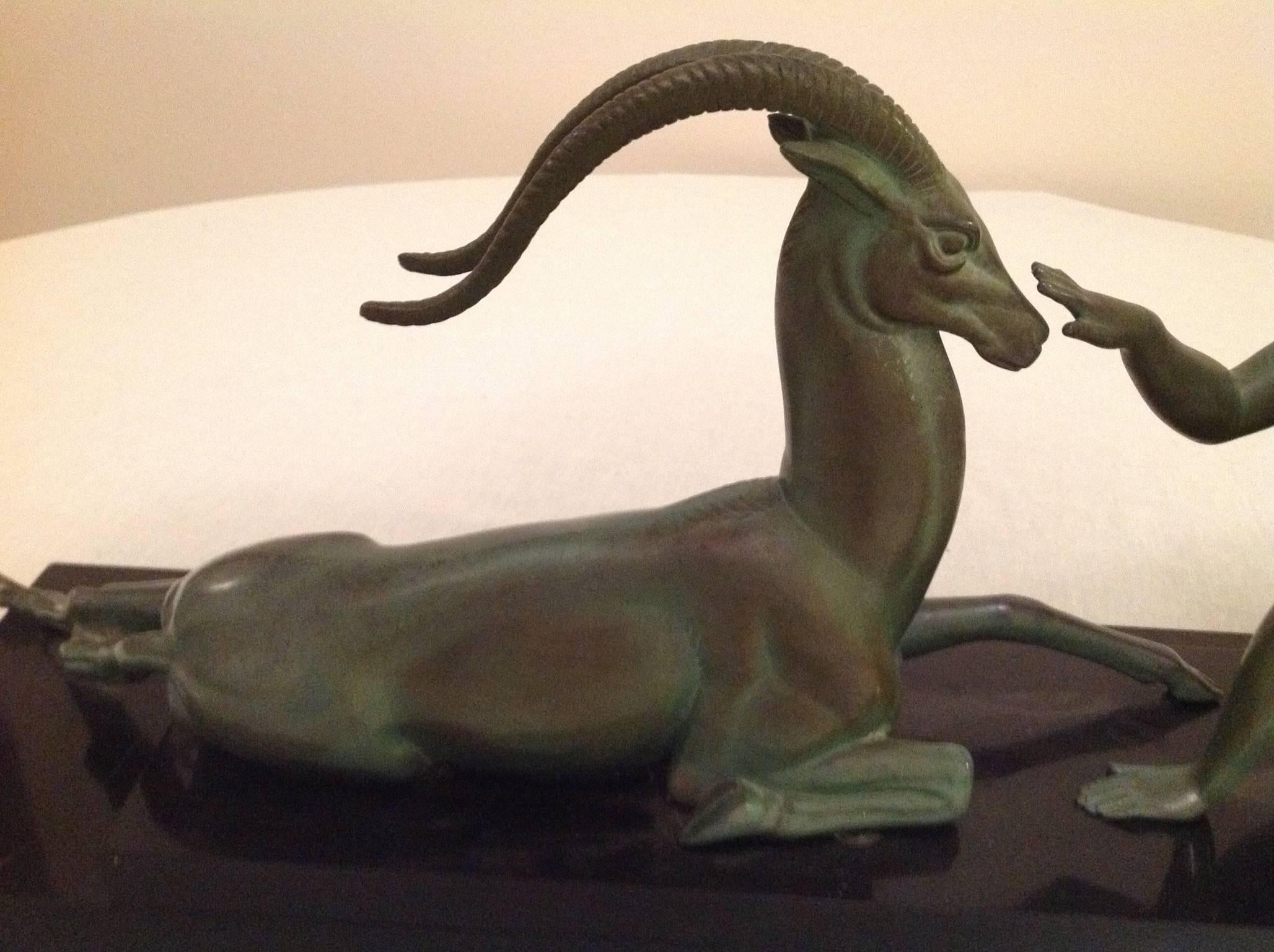 Lady with a Gazelle, Art Deco Bronze by Fayral 1