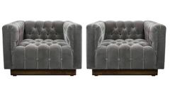 Oversized Milo Baughman Tufted Lounge Chairs in Smoky Gray Mohair