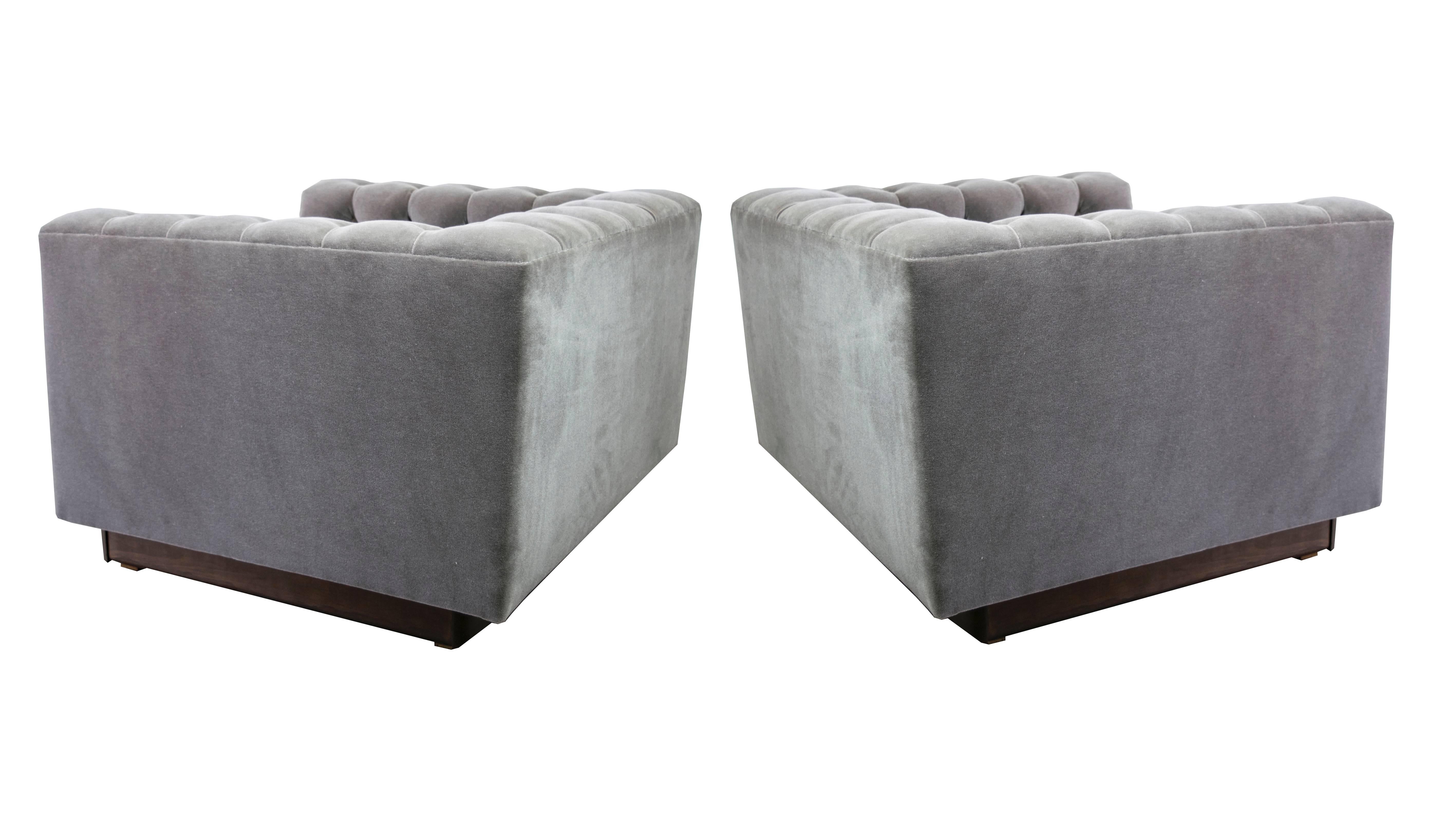 Mid-Century Modern Oversized Milo Baughman Tufted Lounge Chairs in Smoky Gray Mohair For Sale