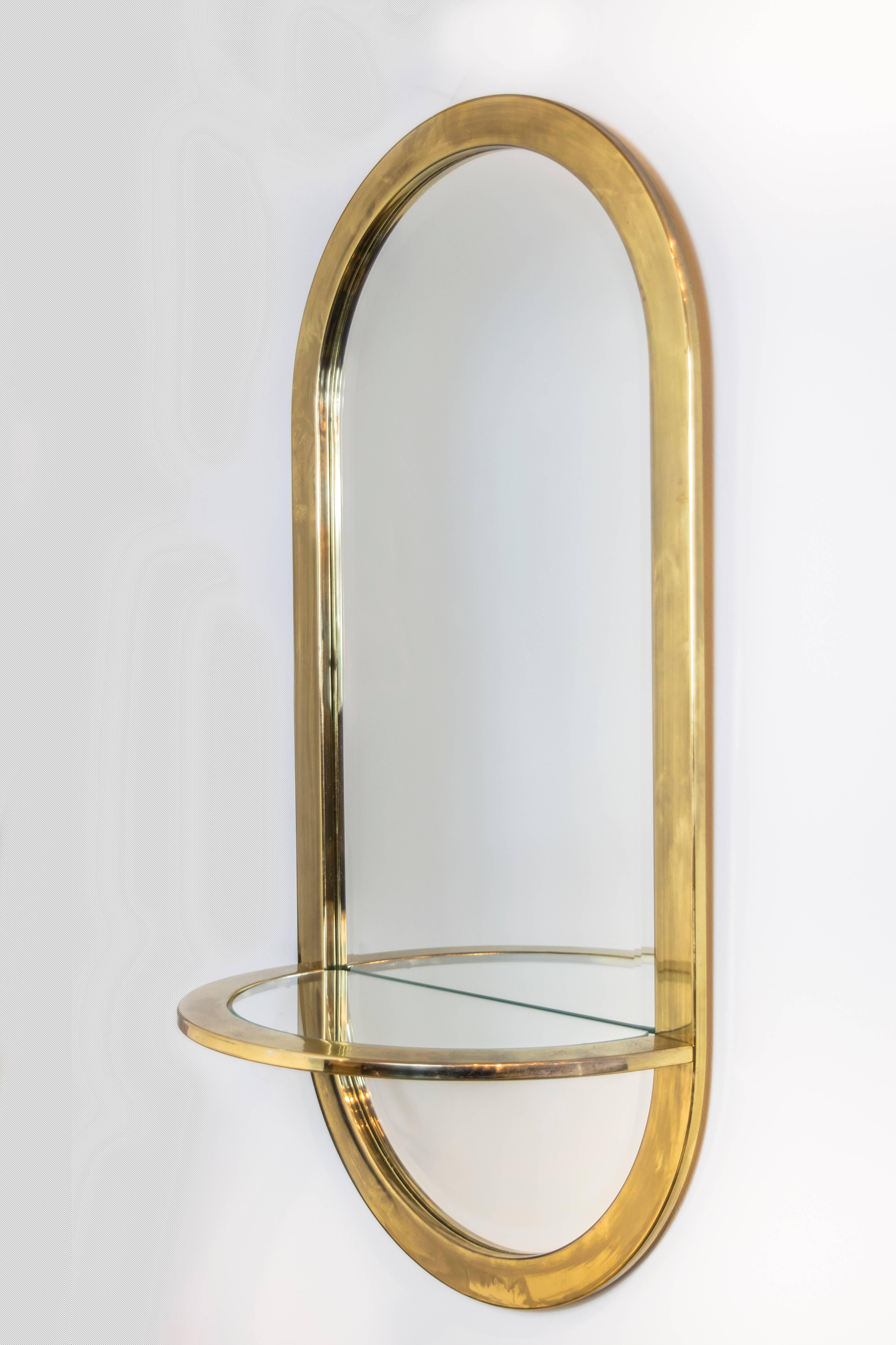 Mid-Century Modern DIA Brass Racetrack Shaped Mirror with Attached Shelf