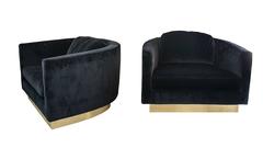 Oversized Black Velvet Swivel Chairs with Brass Plinths