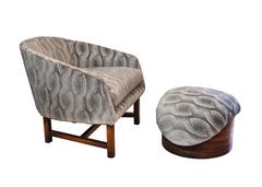 Mid-Century Modern Reading Chair and Ottoman with Walnut Detailing