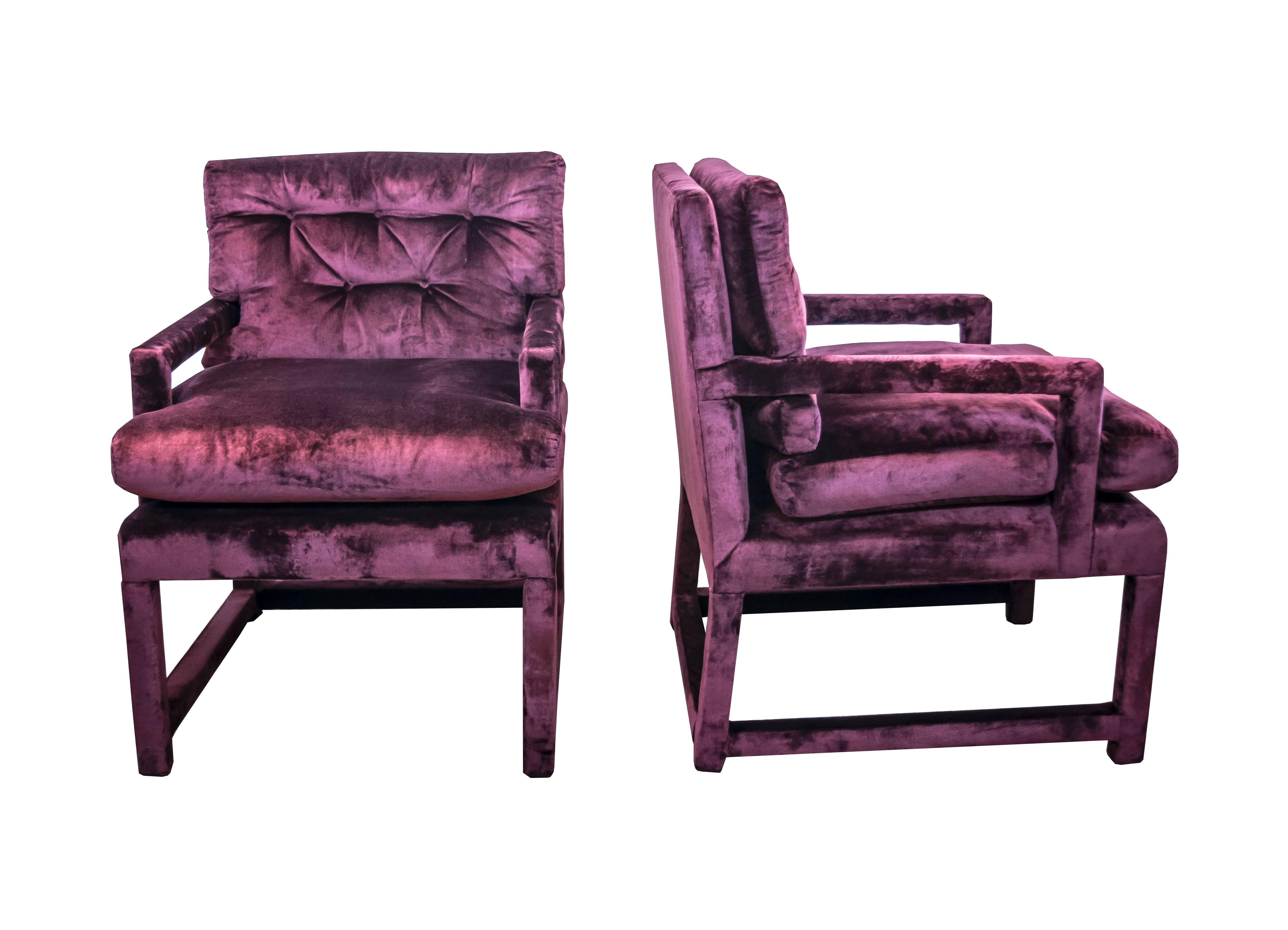 Set of four Milo Baughman Parsons arm chairs recently recovered in Ralph Lauren Chancery garnet velvet. We chose this fabric the week that Prince died so we have dubbed these the Purple Rain seating. May be bought in pairs.