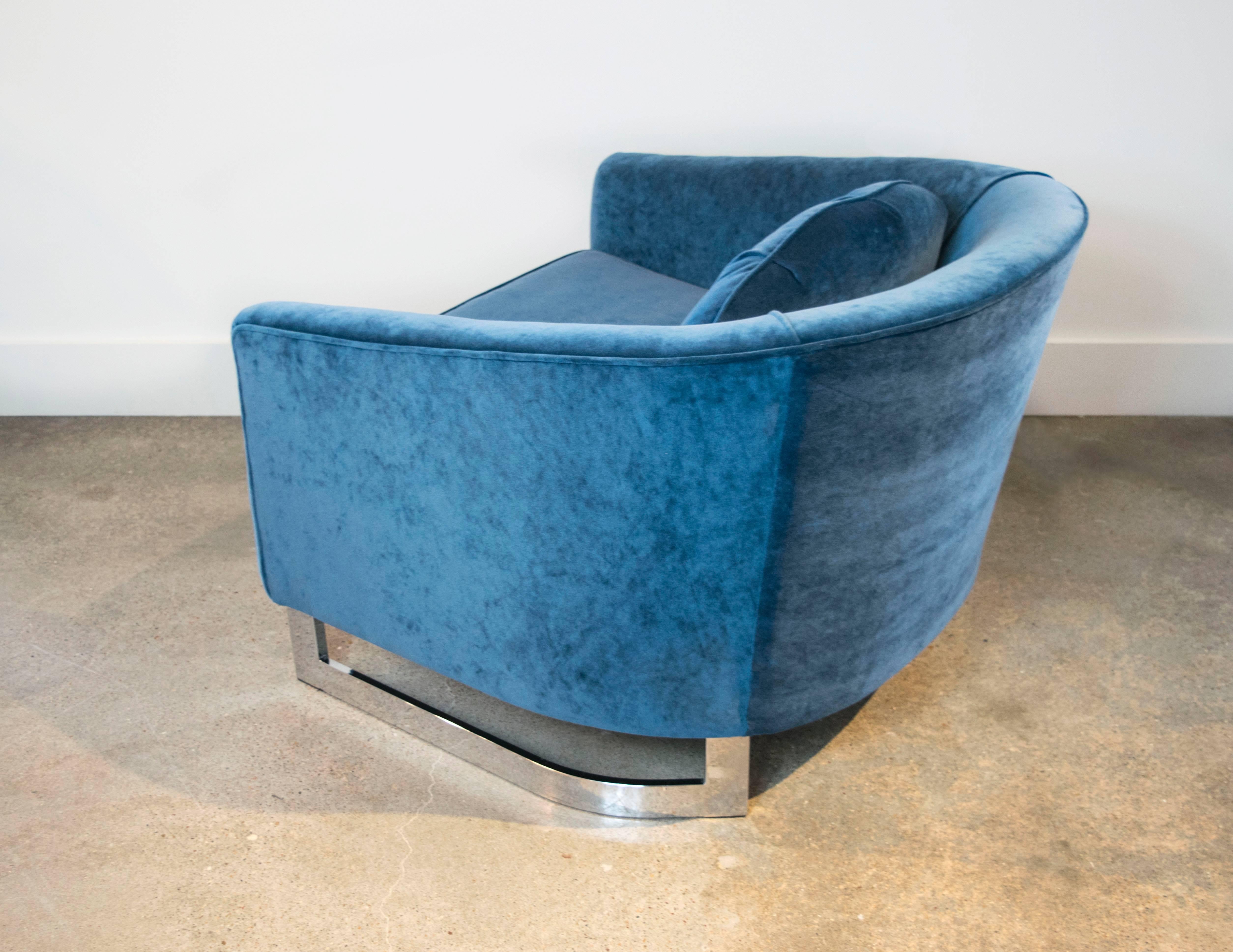 Mid-Century Modern Milo Baughman Blue Velvet and Chrome Club Chair